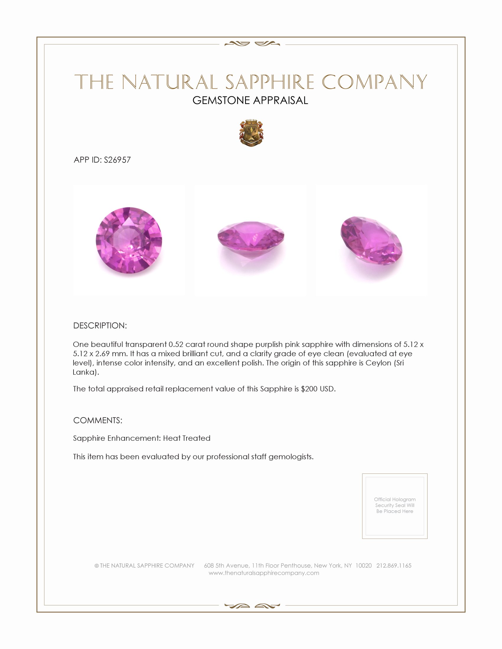0.52 Ct. Purplish Pink Sapphire from Ceylon (Sri Lanka)