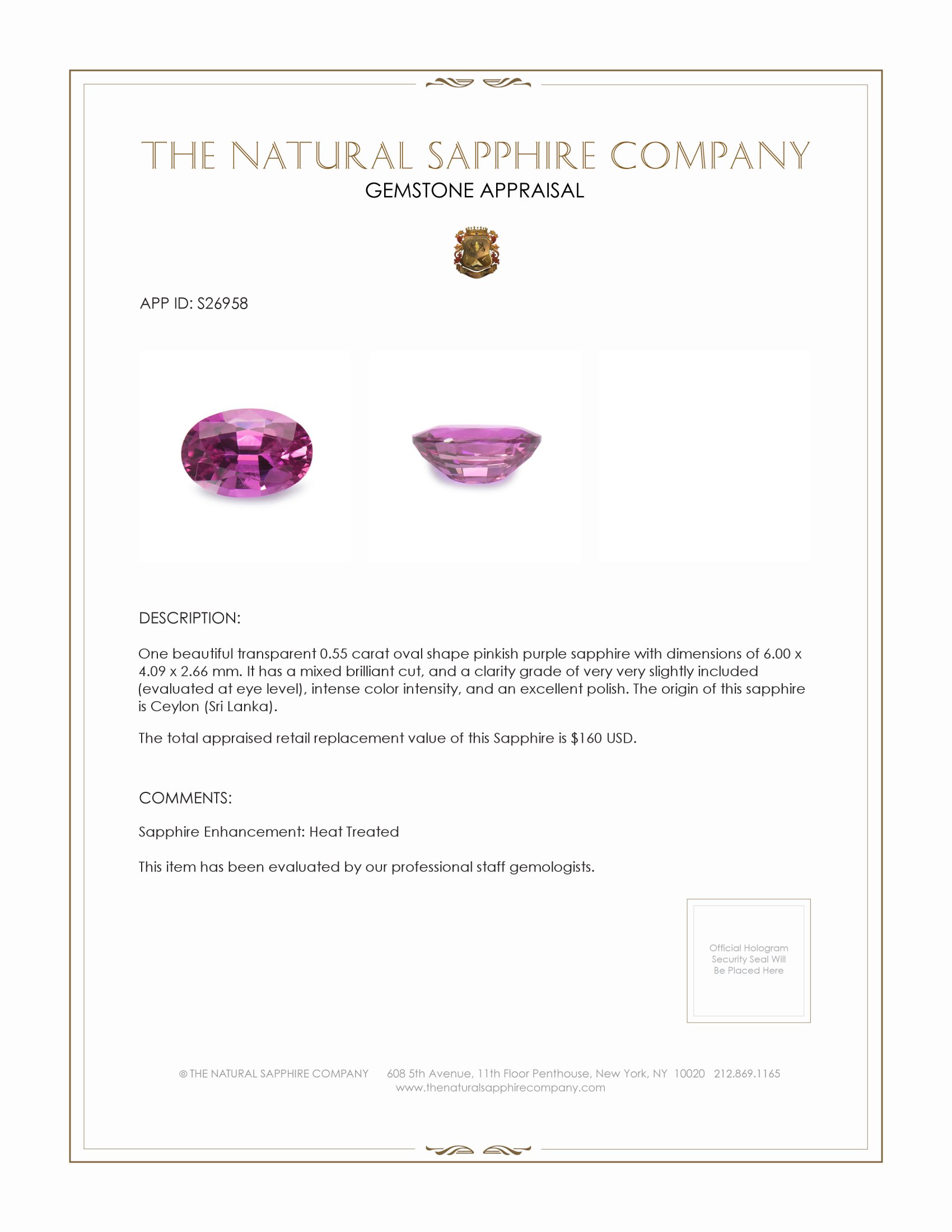 0.55 Ct. Pinkish Purple Sapphire from Ceylon (Sri Lanka)