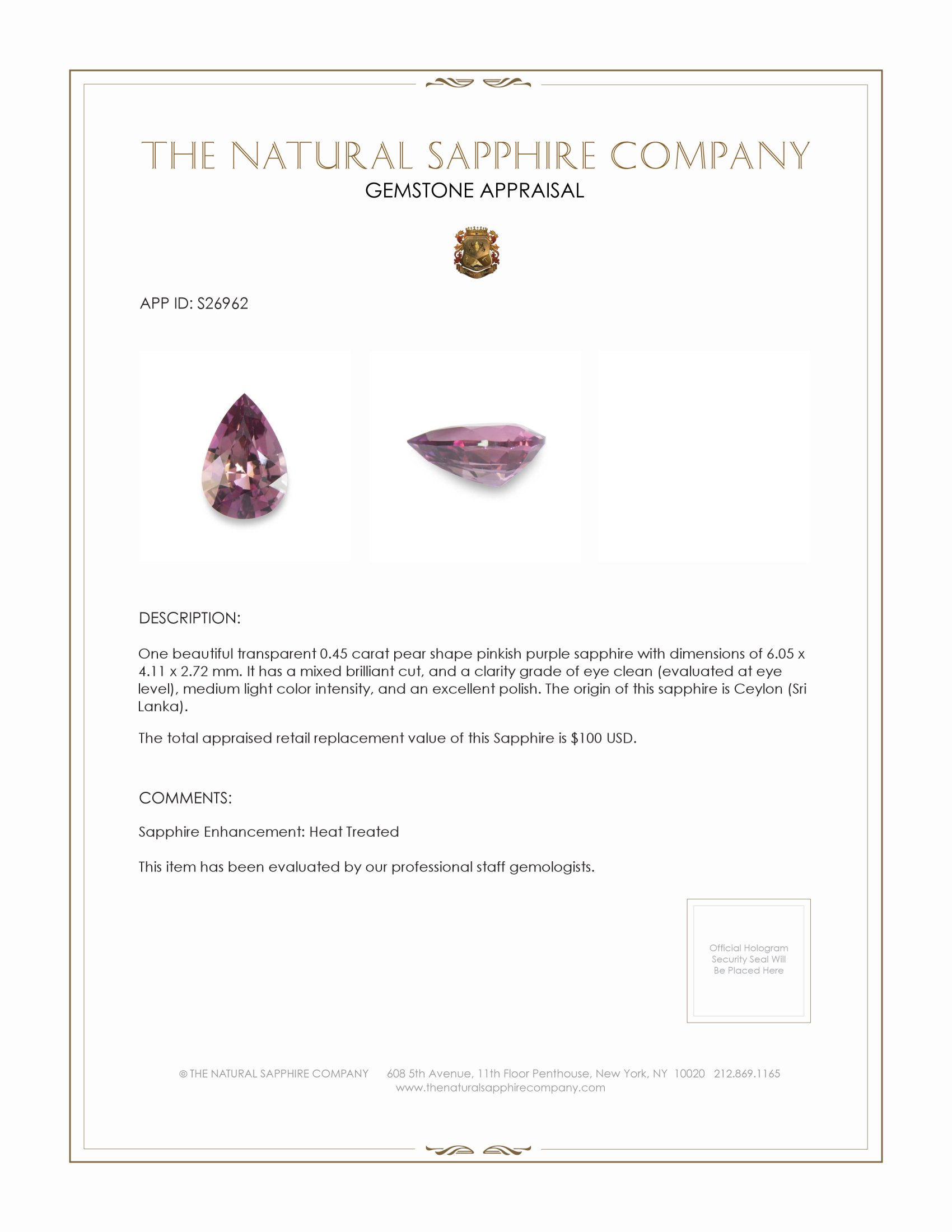 0.45 Ct. Pinkish Purple Sapphire from Ceylon (Sri Lanka)