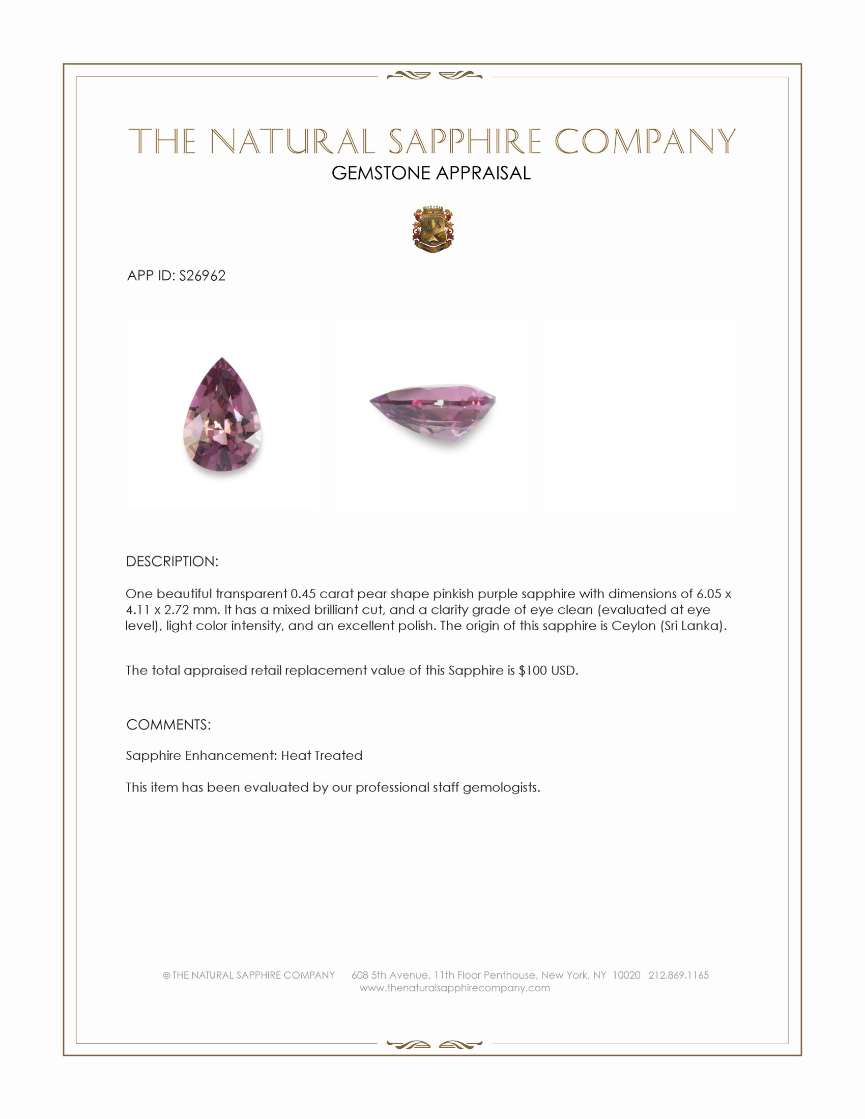 0.45 Ct. Pinkish Purple Sapphire from Ceylon (Sri Lanka)