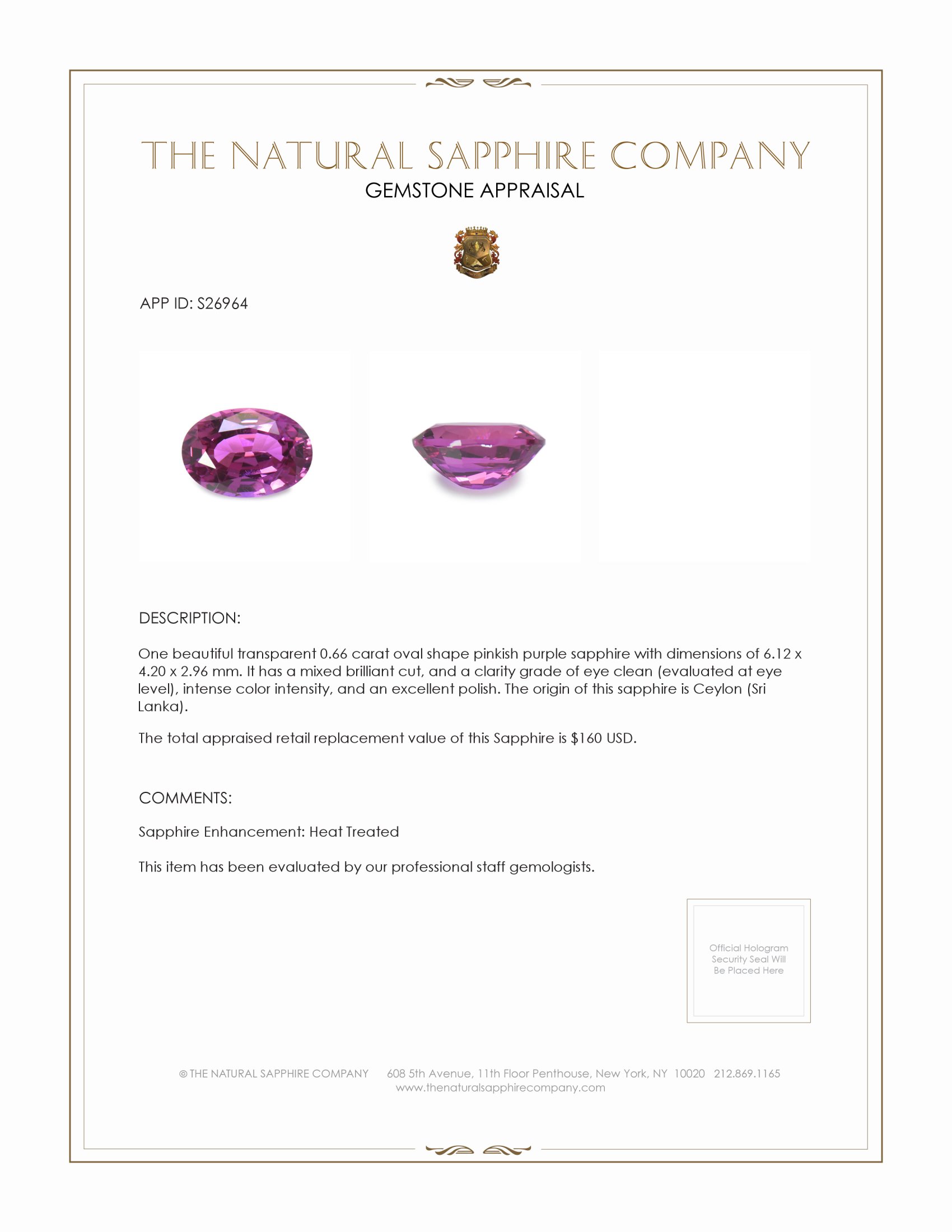 0.66 Ct. Pinkish Purple Sapphire from Ceylon (Sri Lanka)