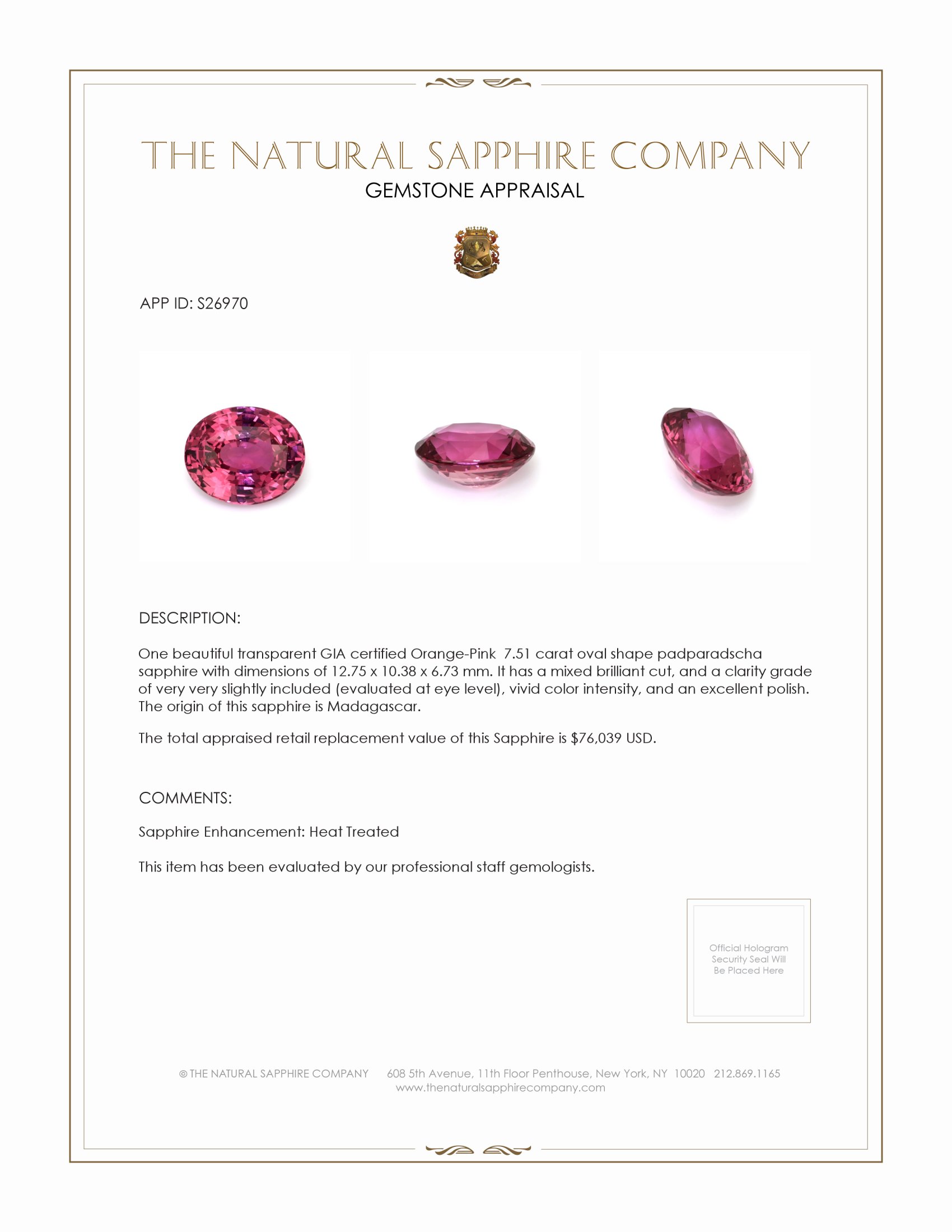 7.51 Ct. Padparadscha Sapphire from Madagascar