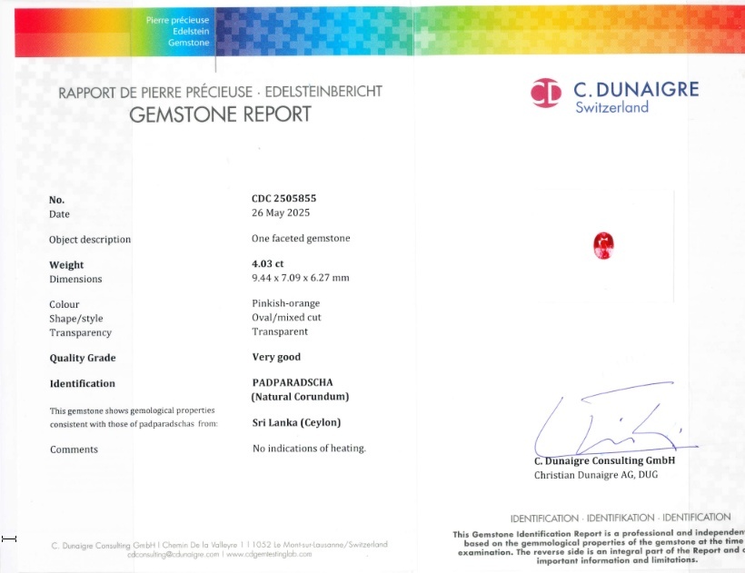 4.03 Ct. Padparadscha Sapphire from Ceylon (Sri Lanka)