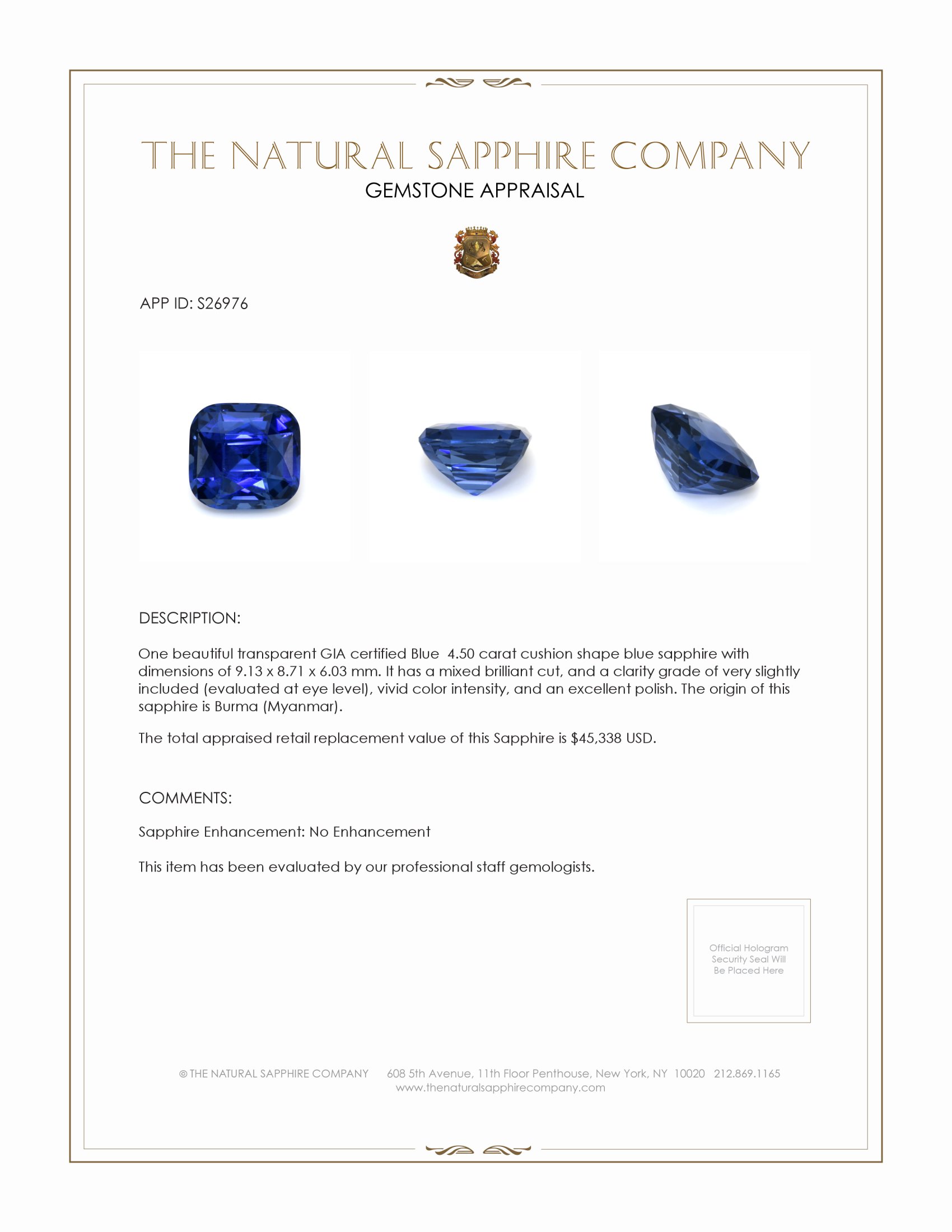 4.50 Ct. Blue Sapphire from Burma (Myanmar)