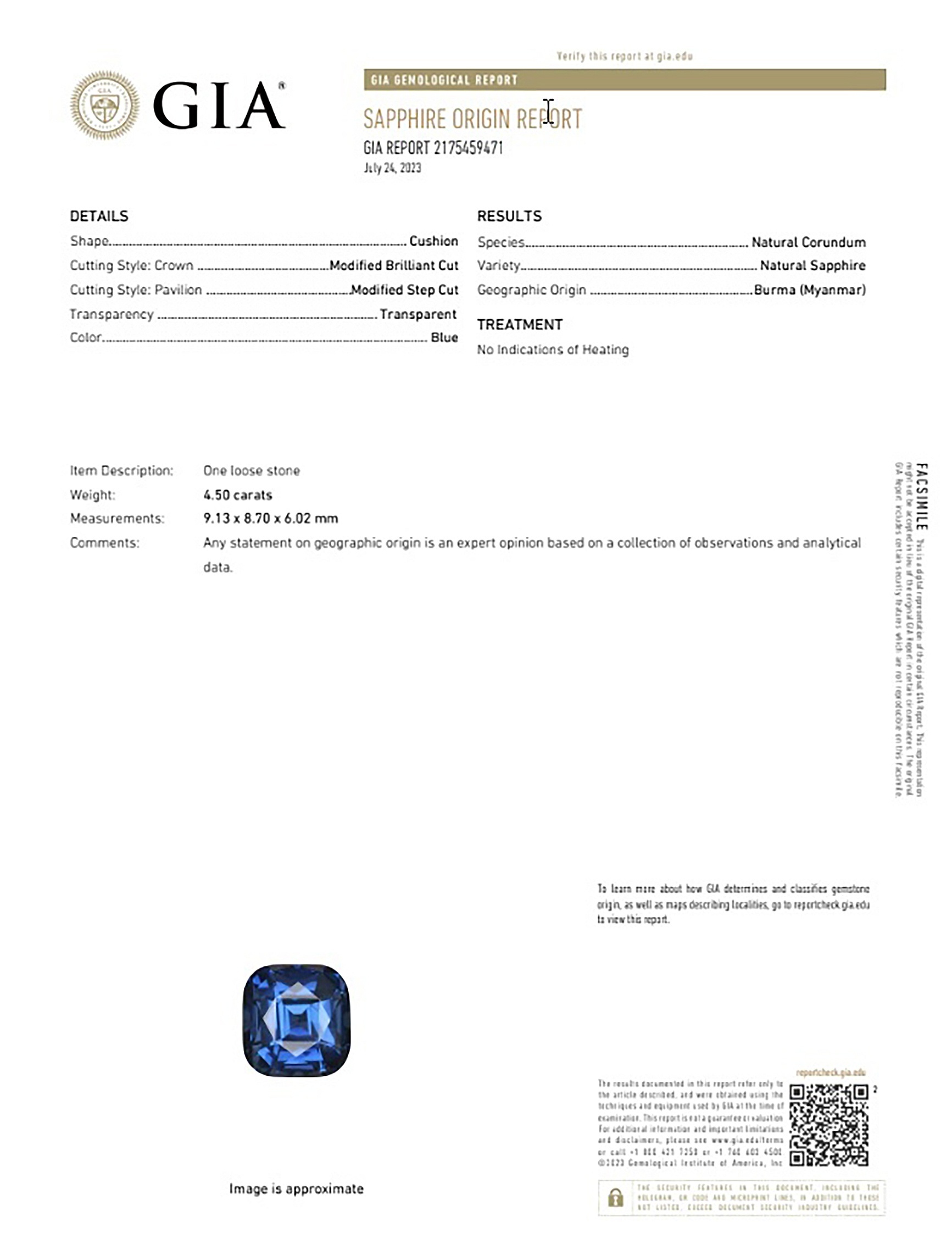 4.50 Ct. Blue Sapphire from Burma (Myanmar)