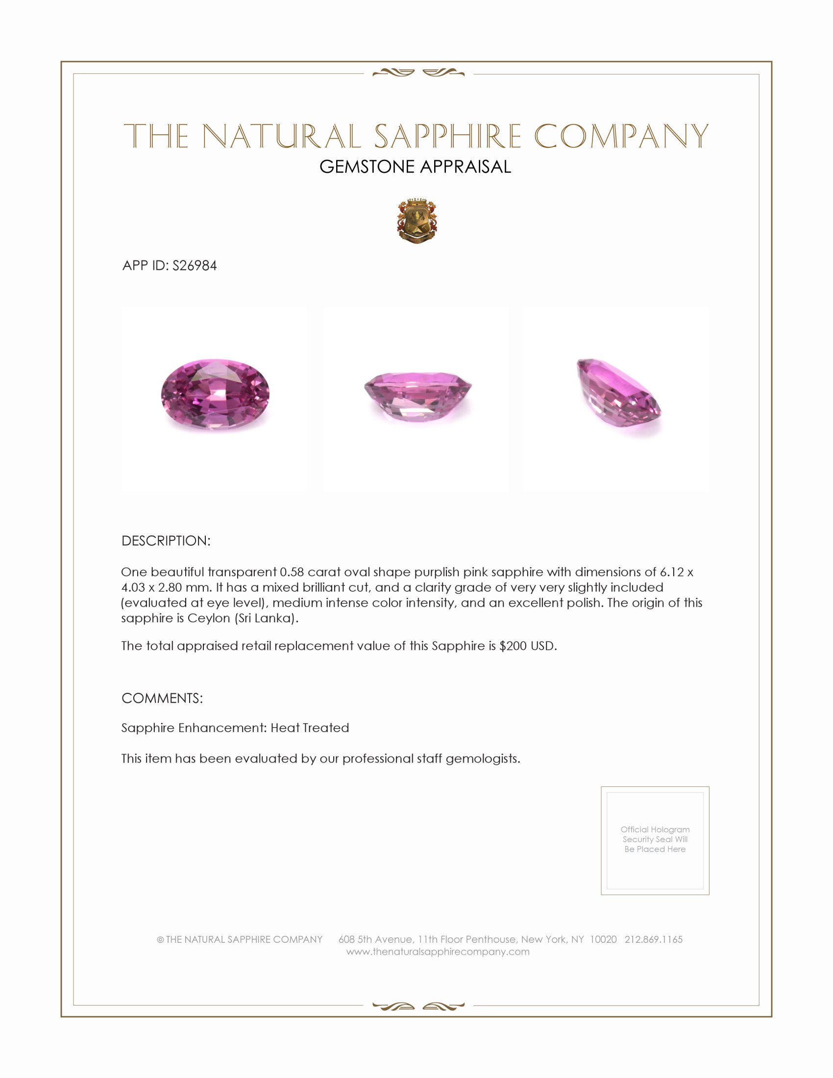 0.58 Ct. Purplish Pink Sapphire from Ceylon (Sri Lanka)
