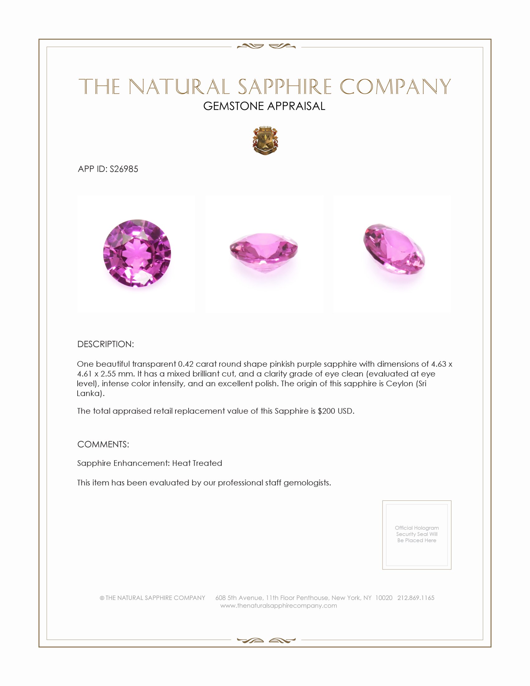 0.42 Ct. Pinkish Purple Sapphire from Ceylon (Sri Lanka)