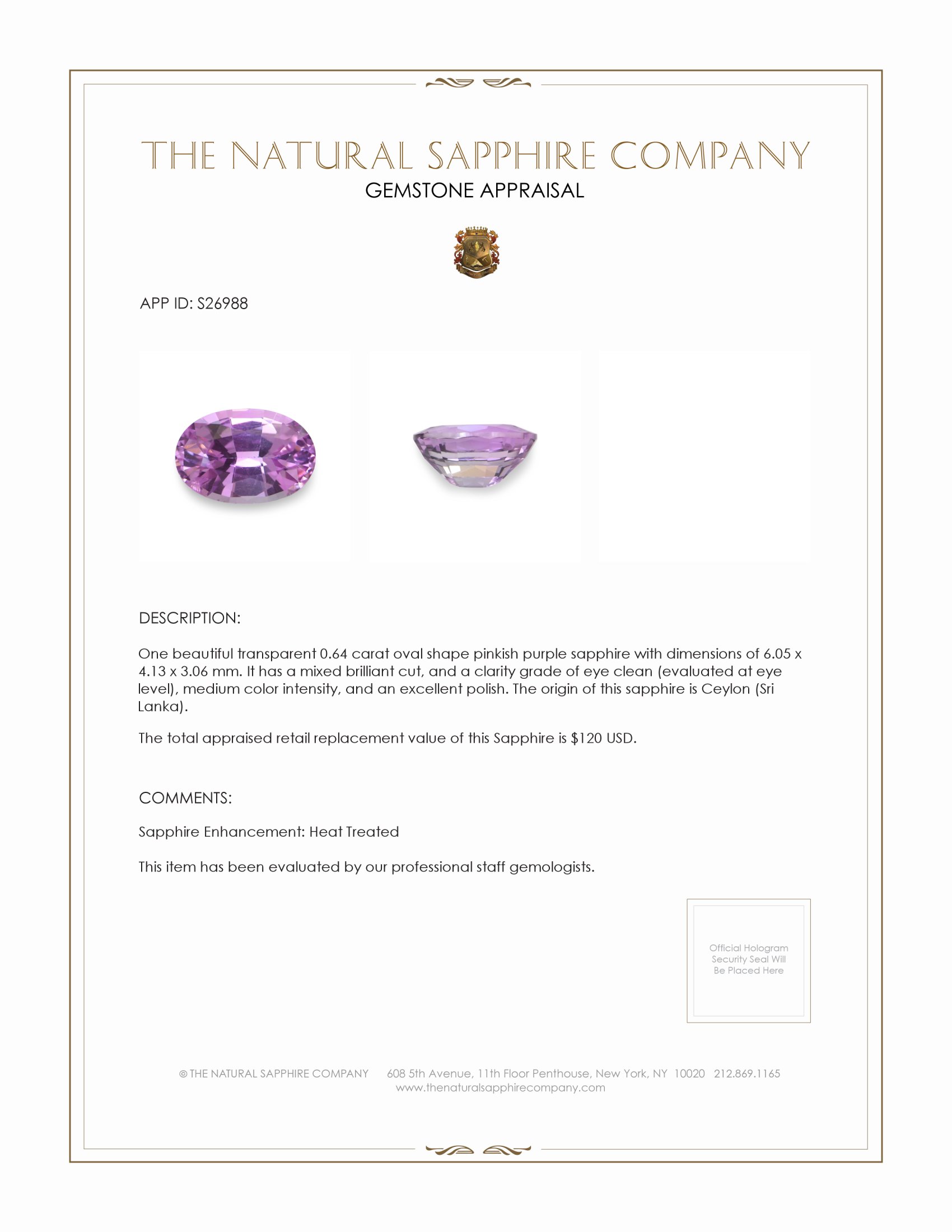 0.64 Ct. Pinkish Purple Sapphire from Ceylon (Sri Lanka)