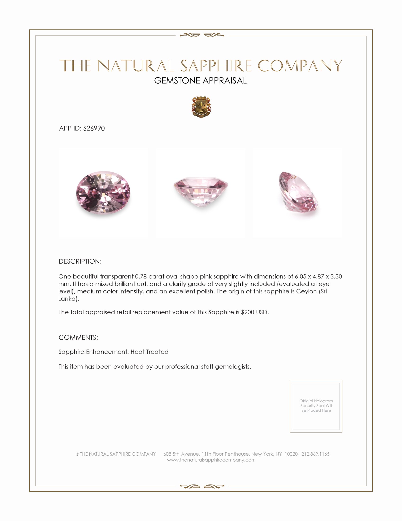 0.78 Ct. Pink Sapphire from Ceylon (Sri Lanka)