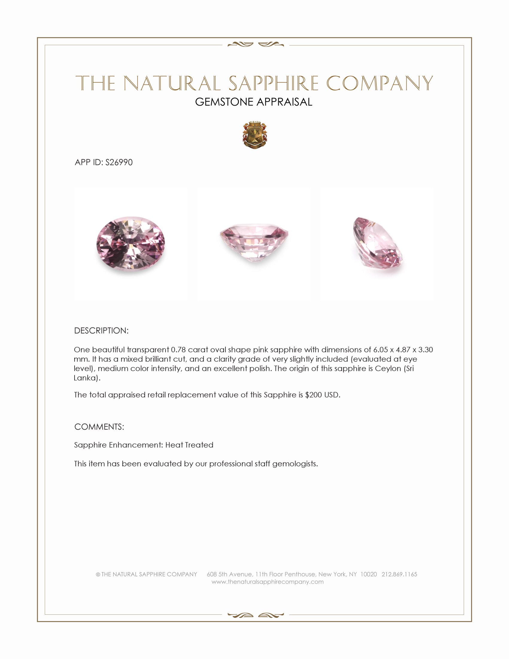 0.78 Ct. Pink Sapphire from Ceylon (Sri Lanka)