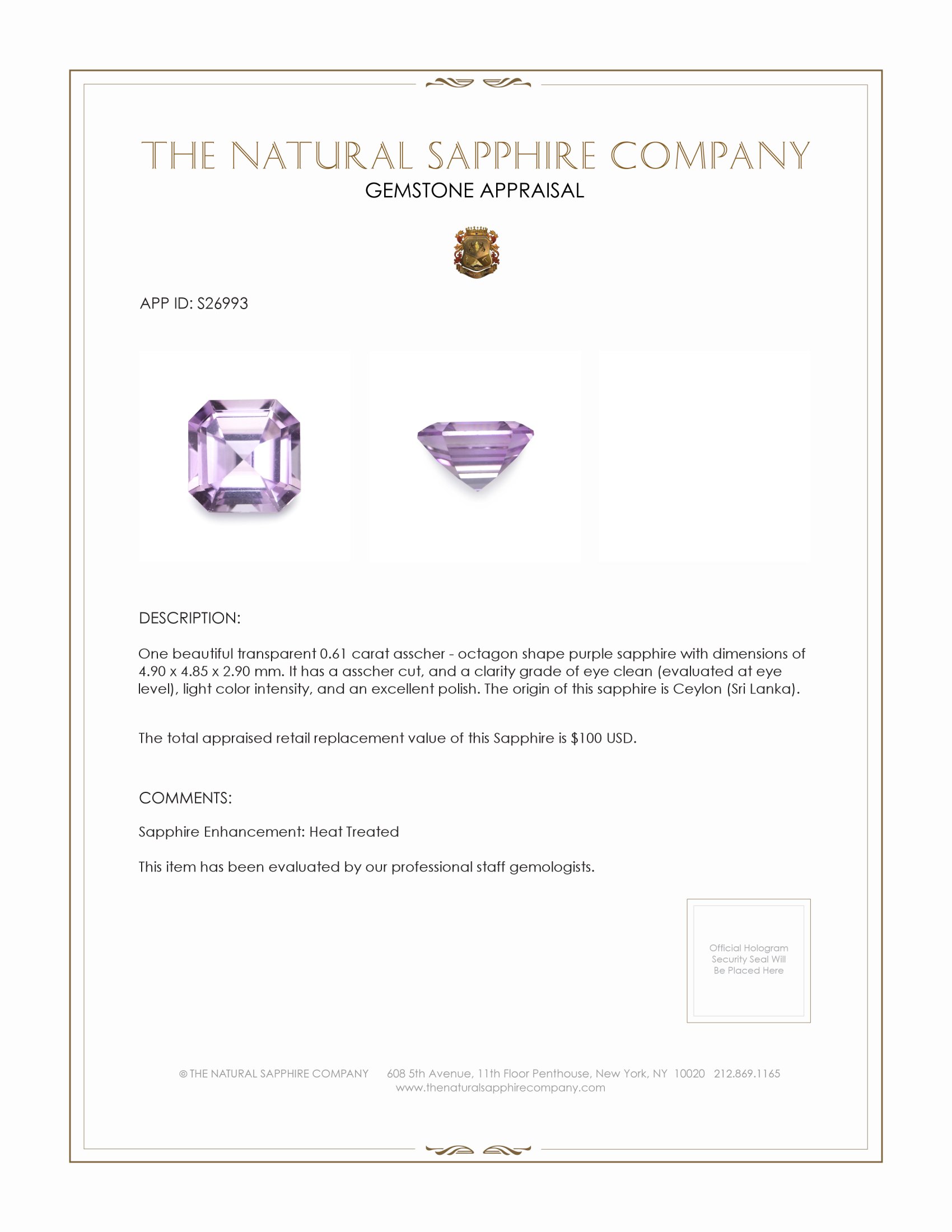 0.61 Ct. Purple Sapphire from Ceylon (Sri Lanka)