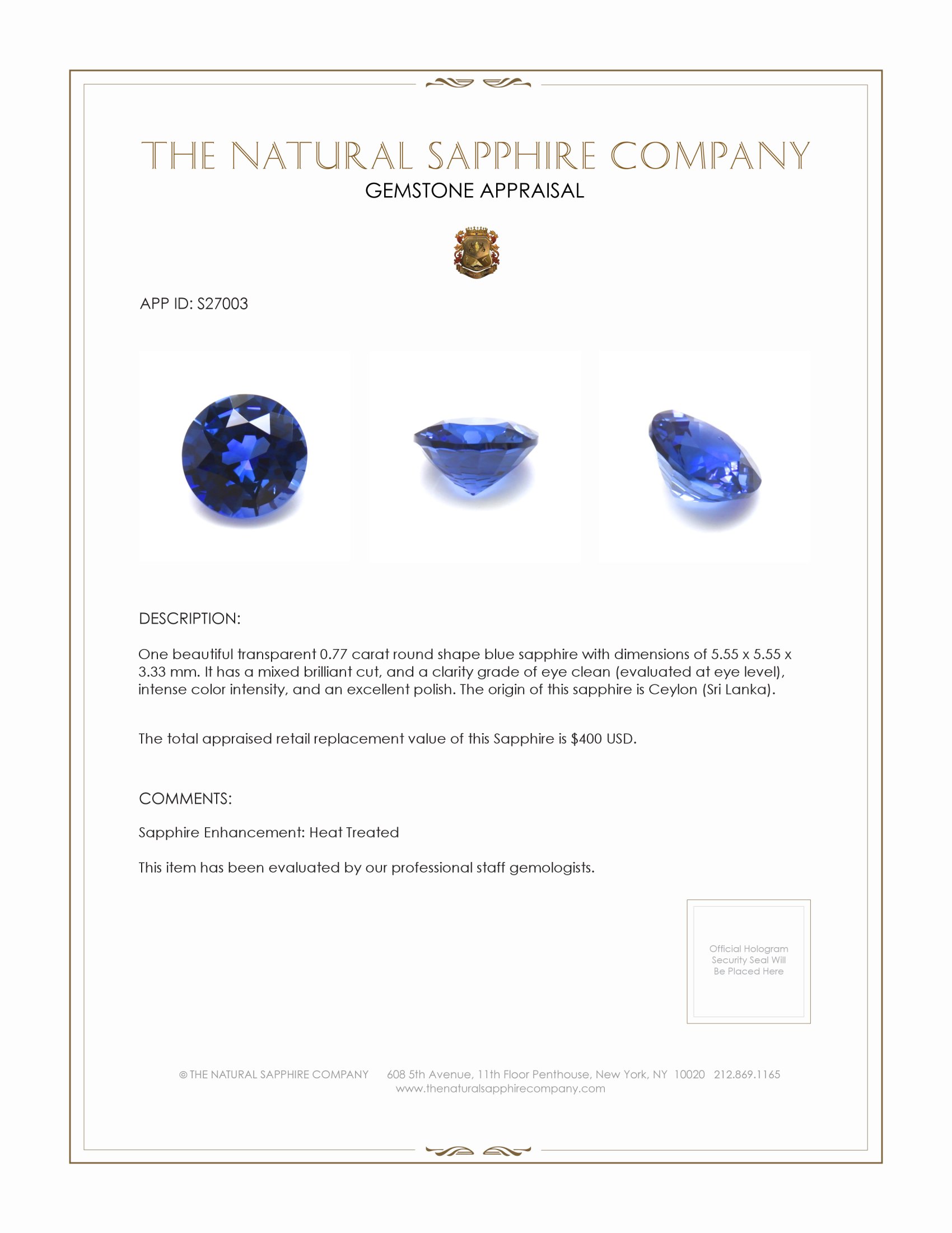0.77 Ct. Blue Sapphire from Ceylon (Sri Lanka)