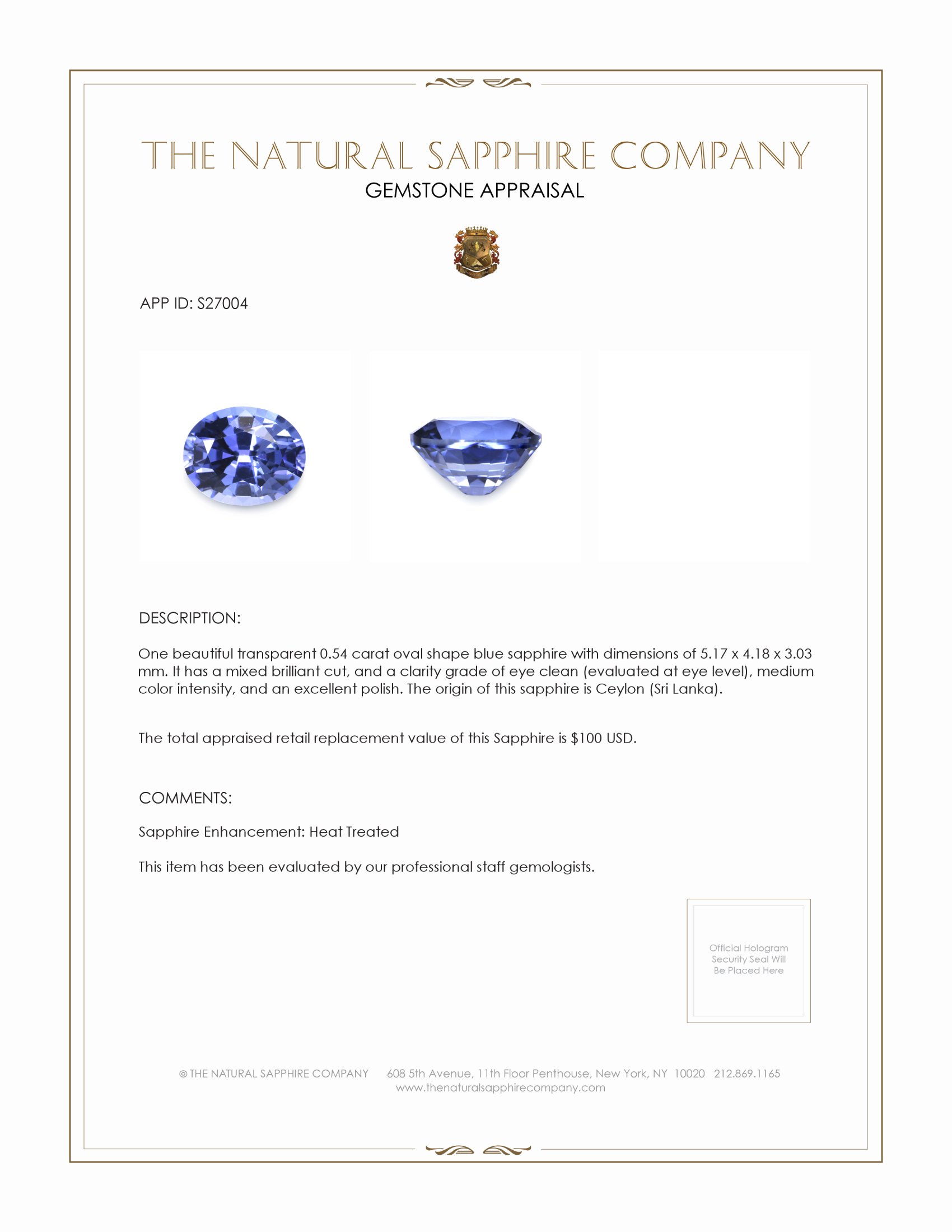 0.54 Ct. Blue Sapphire from Ceylon (Sri Lanka)