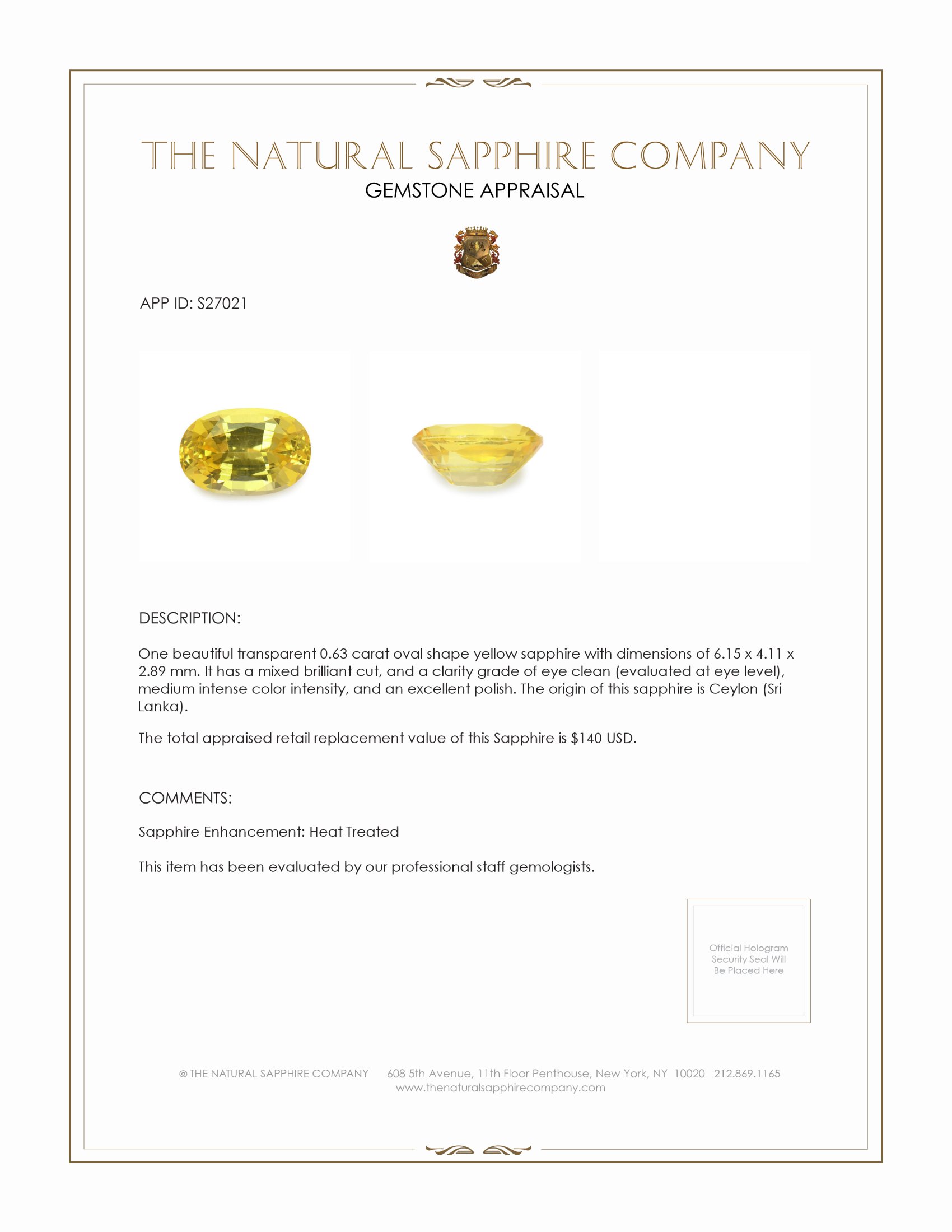 0.63 Ct. Yellow Sapphire from Ceylon (Sri Lanka)