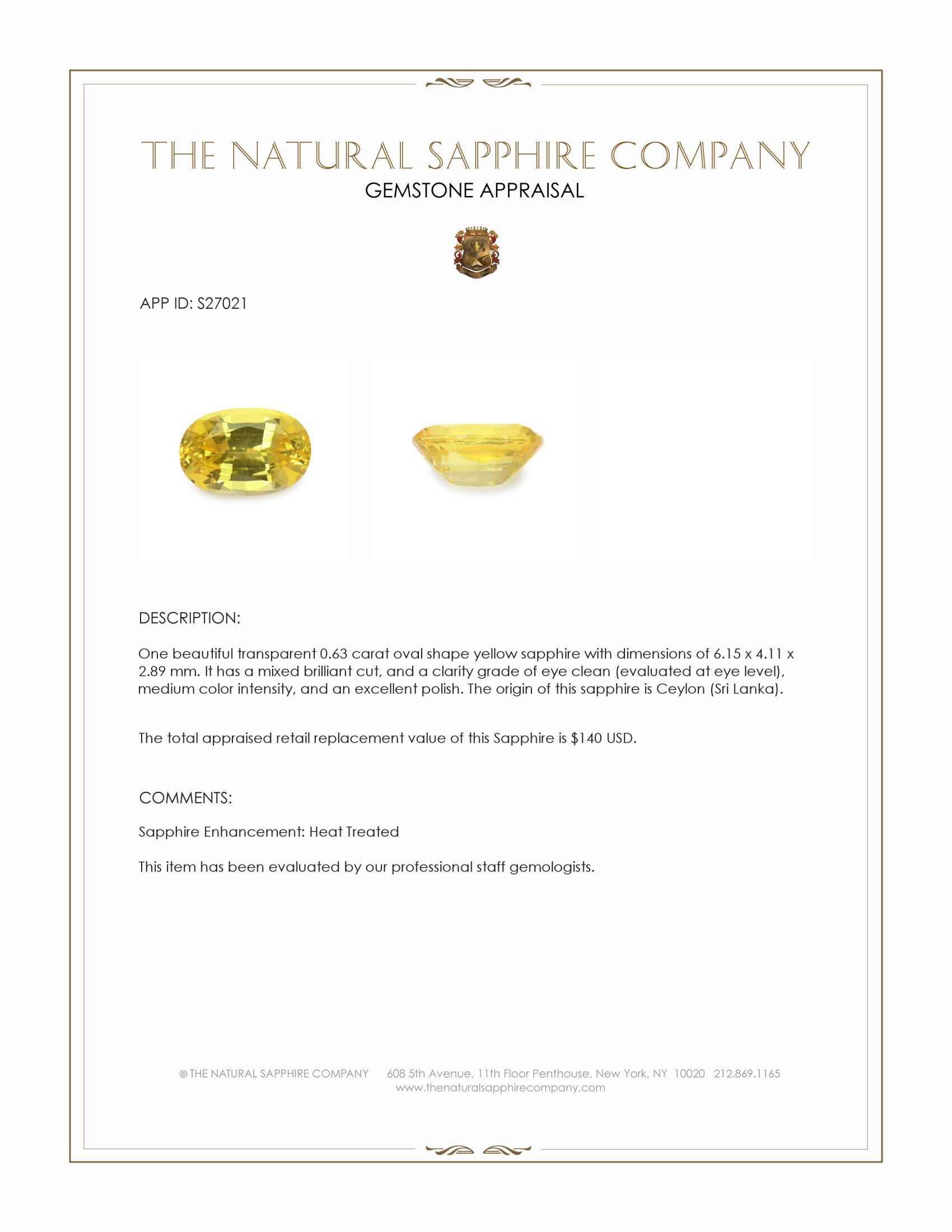 0.63 Ct. Yellow Sapphire from Ceylon (Sri Lanka)