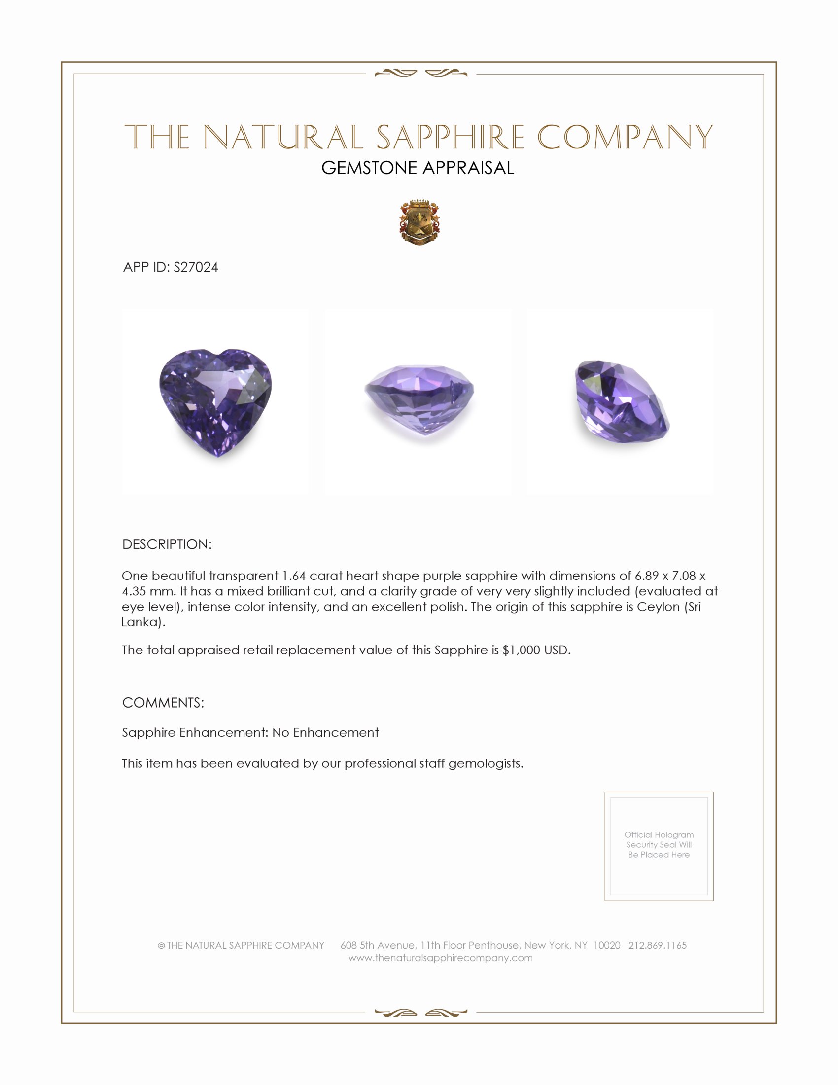 1.64 Ct. Purple Sapphire from Ceylon (Sri Lanka)