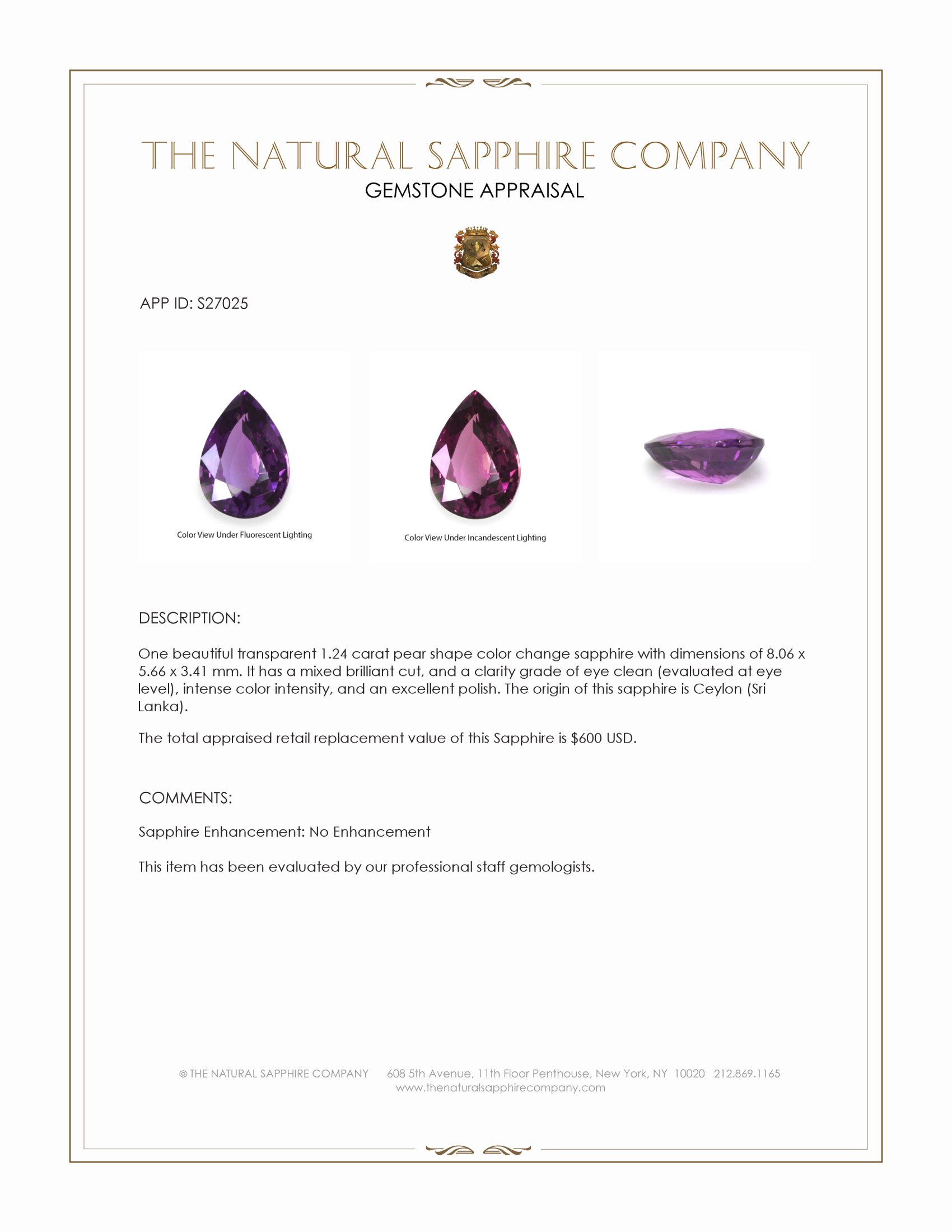 1.24 Ct. Color Change Sapphire from Ceylon (Sri Lanka)