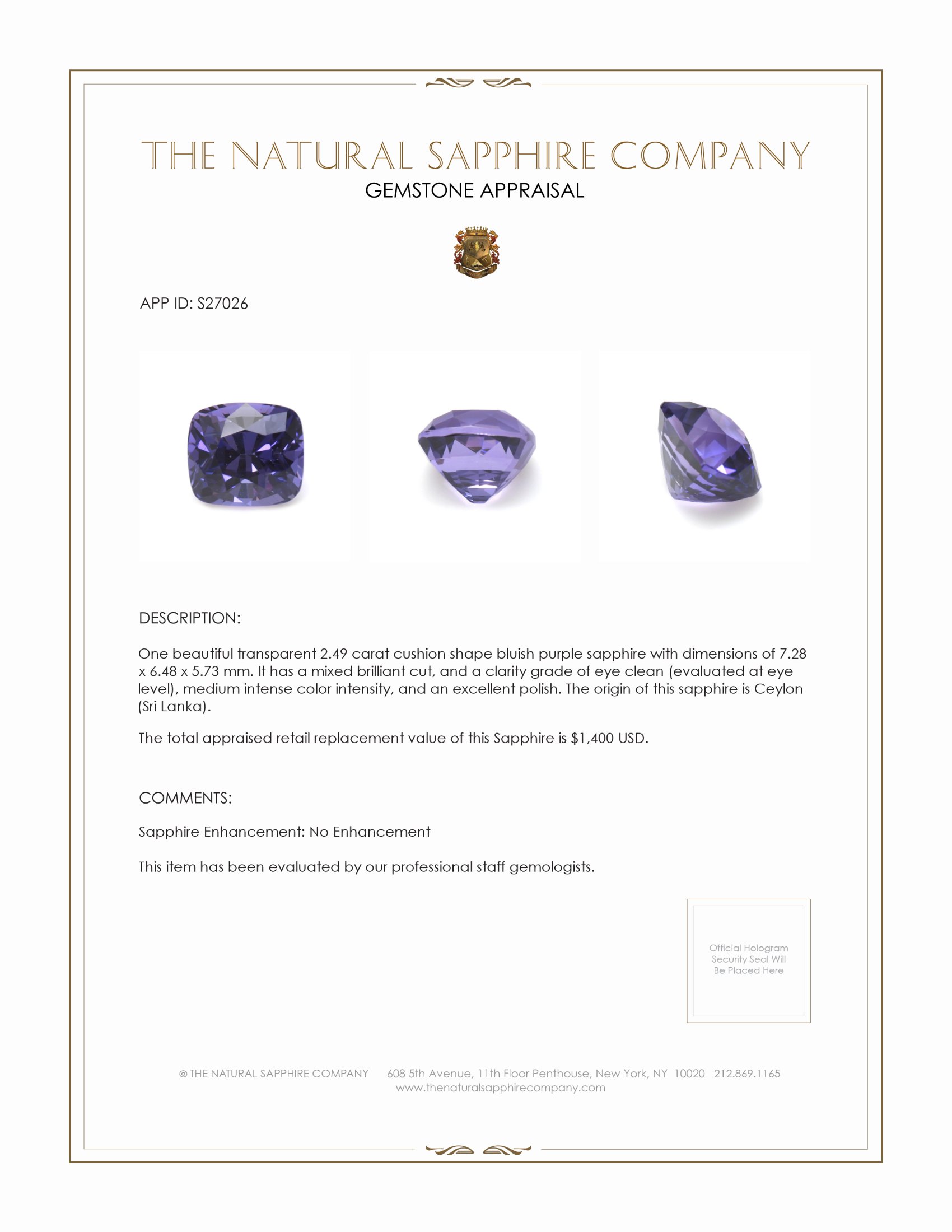 2.49 Ct. Bluish Purple Sapphire from Ceylon (Sri Lanka)