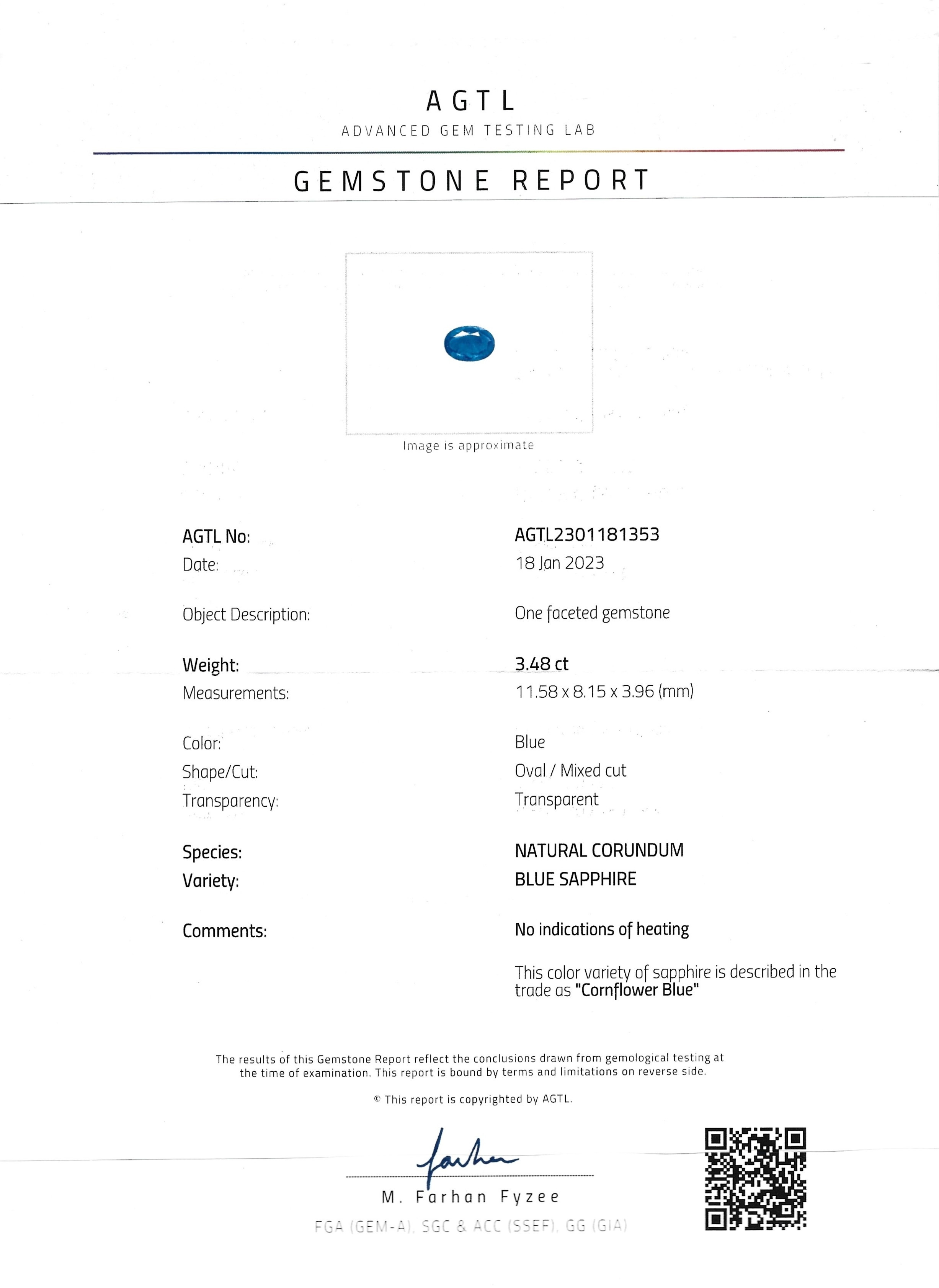 3.48 Ct. Blue Sapphire from Ceylon (Sri Lanka)