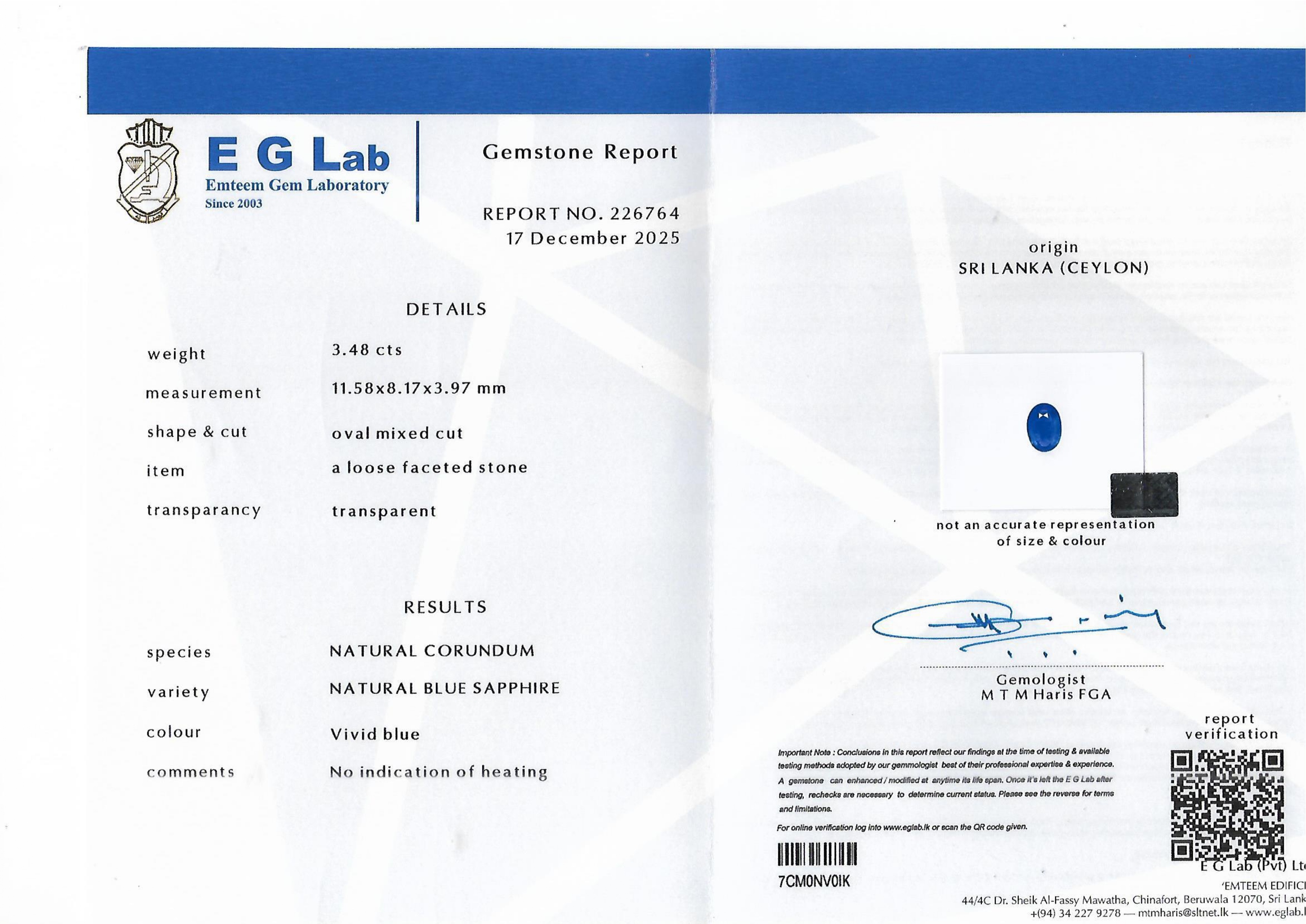 3.48 Ct. Blue Sapphire from Ceylon (Sri Lanka)