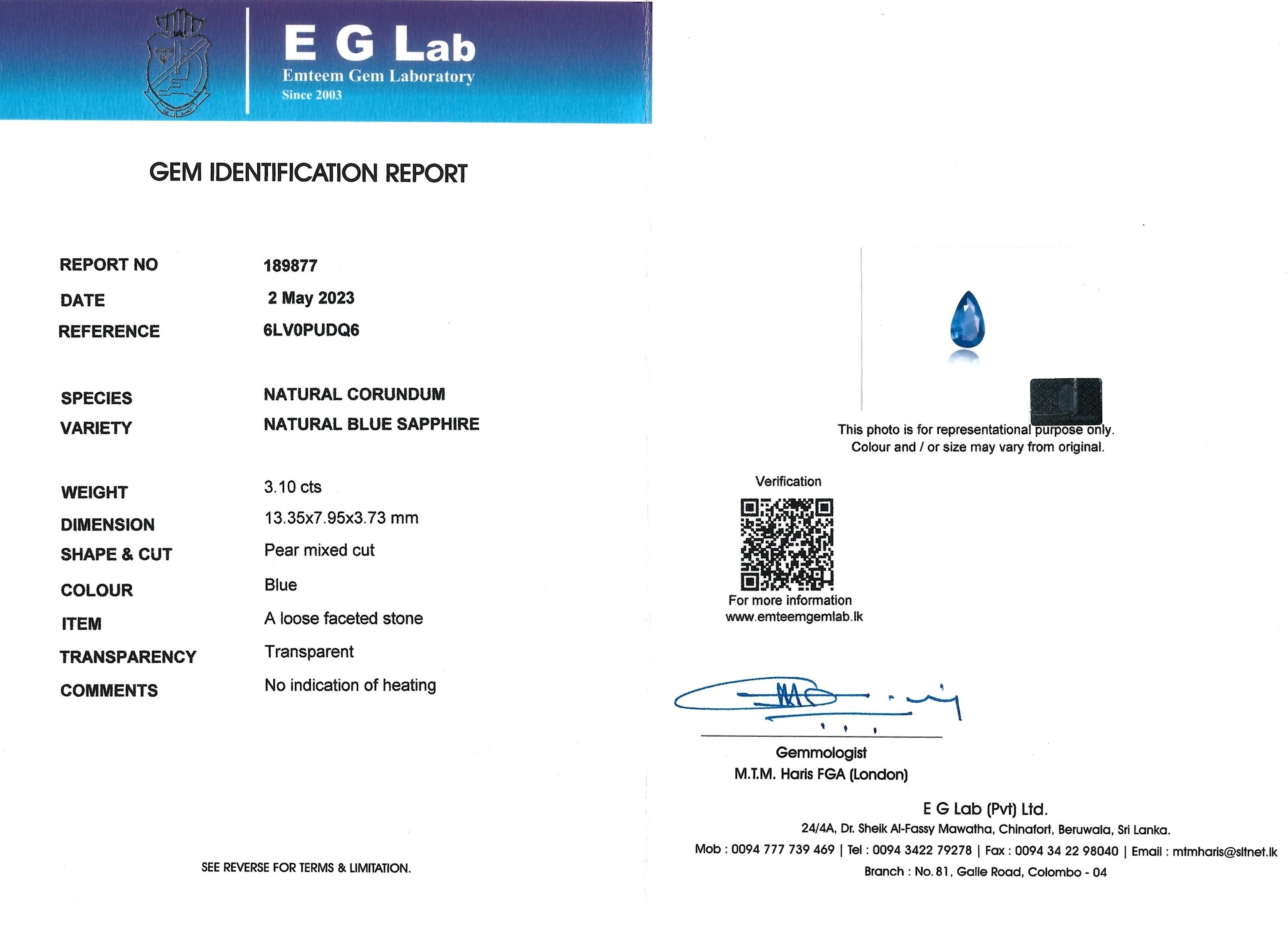 3.10 Ct. Blue Sapphire from Ceylon (Sri Lanka)