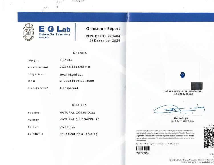 1.67 Ct. Blue Sapphire from Ceylon (Sri Lanka)