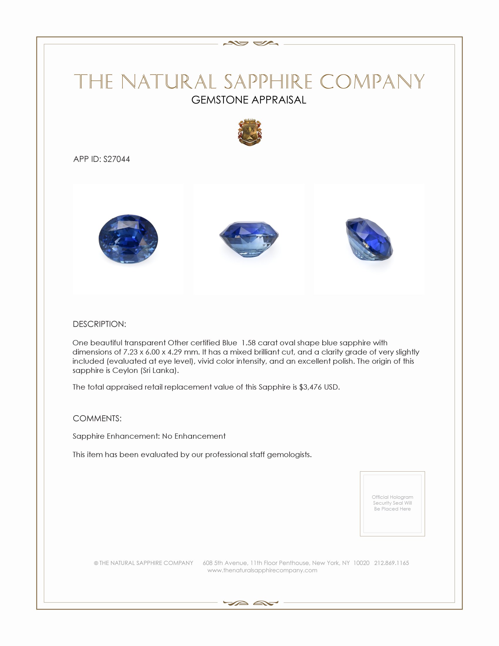 1.58 Ct. Blue Sapphire from Ceylon (Sri Lanka)