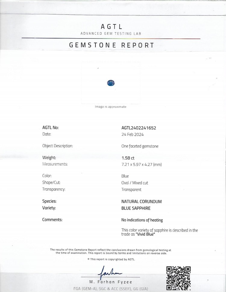 1.58 Ct. Blue Sapphire from Ceylon (Sri Lanka)