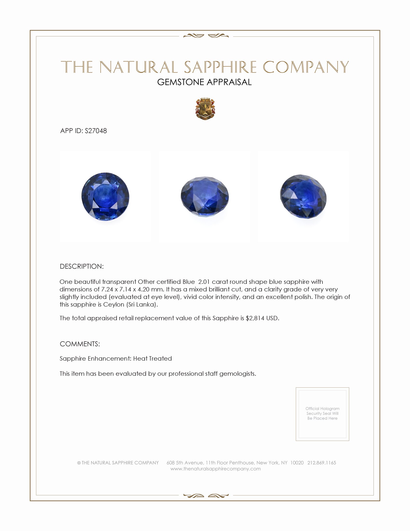 2.01 Ct. Blue Sapphire from Ceylon (Sri Lanka)