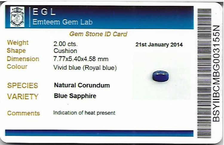 2.00 Ct. Blue Sapphire from Ceylon (Sri Lanka)