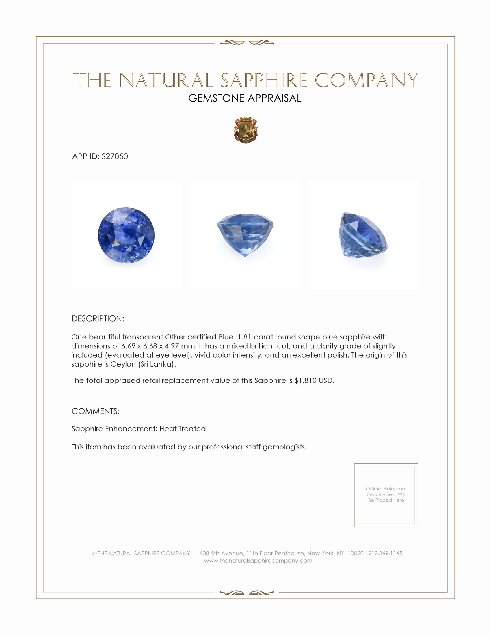 1.81 Ct. Blue Sapphire from Ceylon (Sri Lanka)