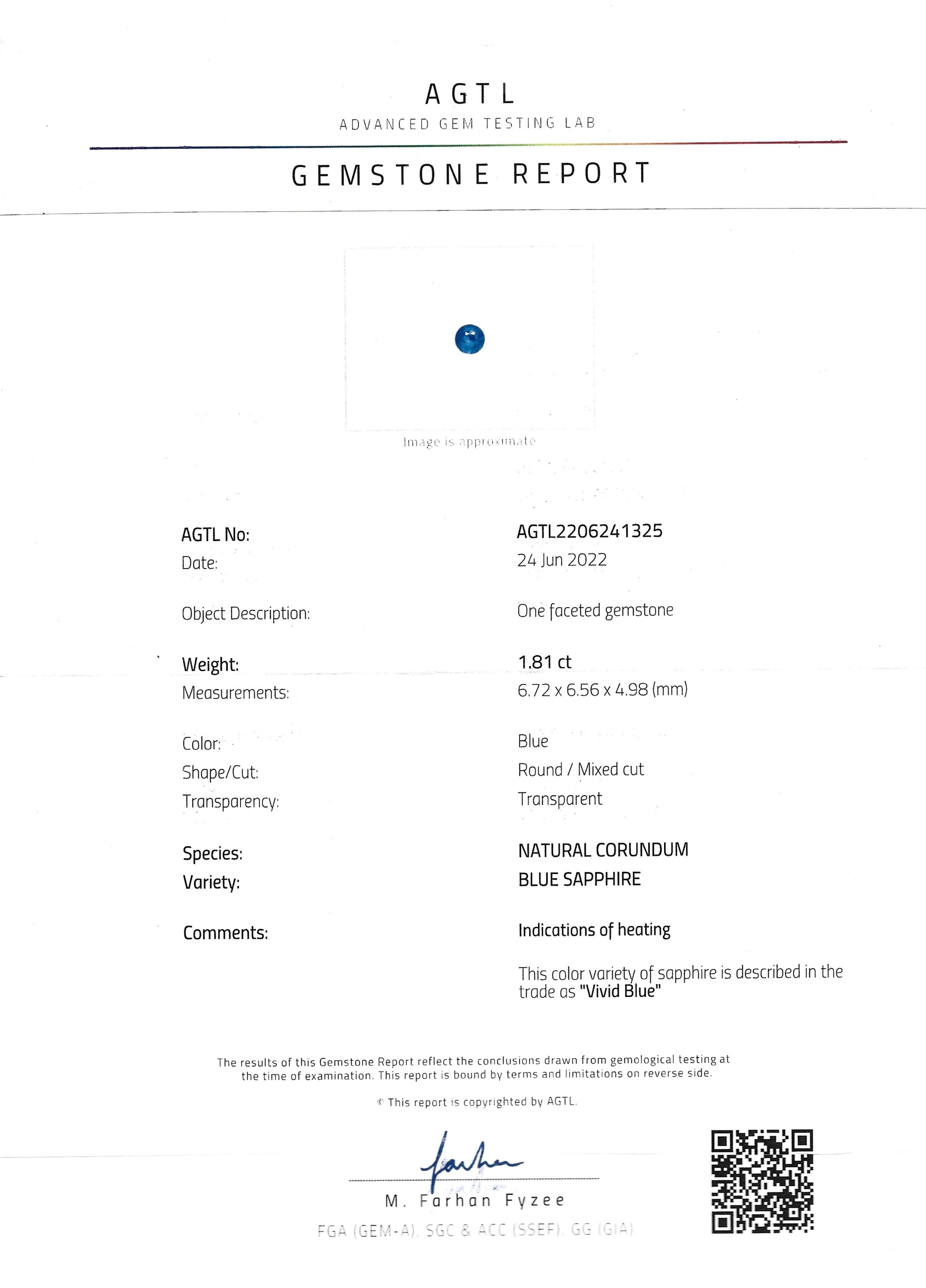 1.81 Ct. Blue Sapphire from Ceylon (Sri Lanka)