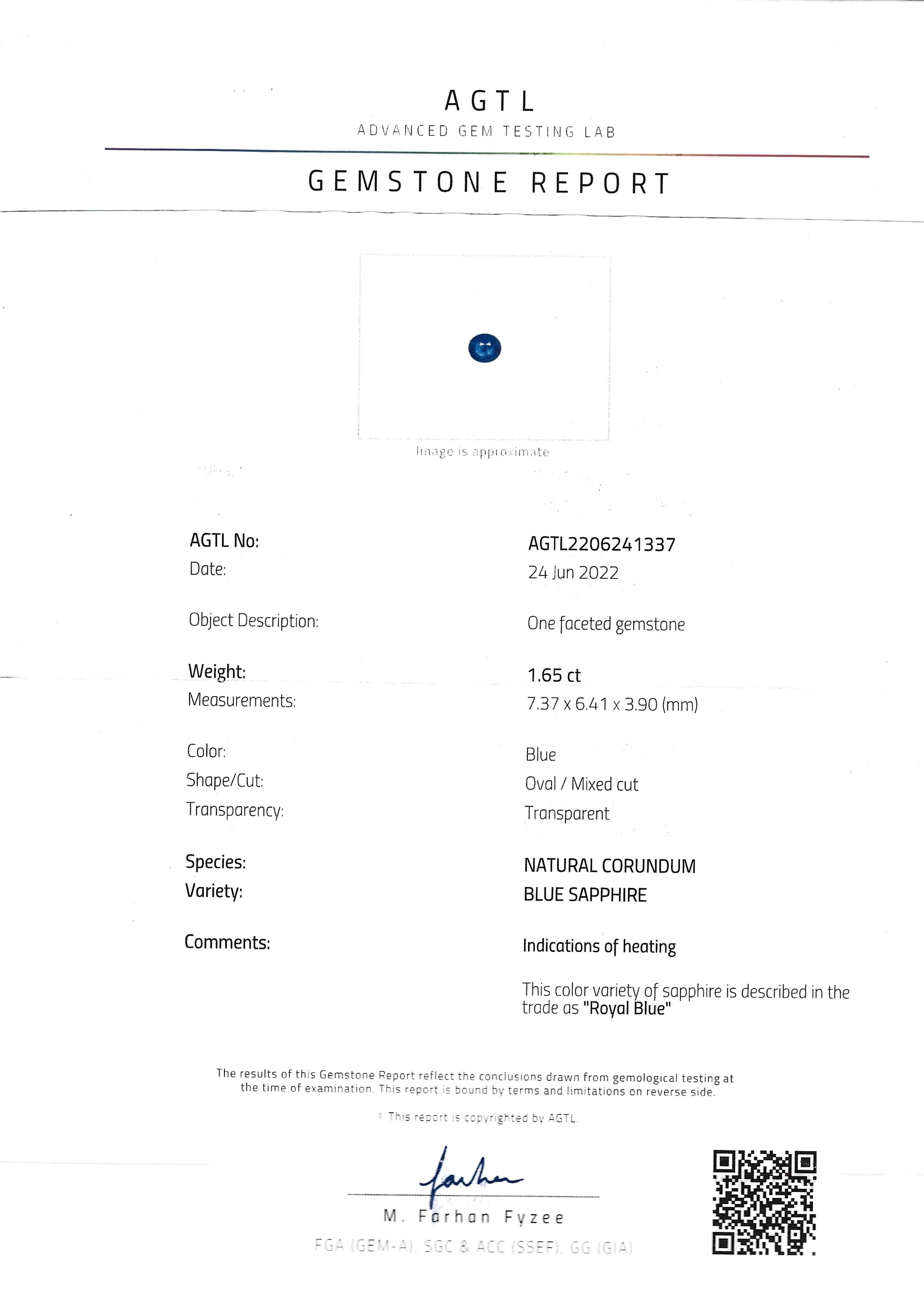 1.65 Ct. Blue Sapphire from Ceylon (Sri Lanka)