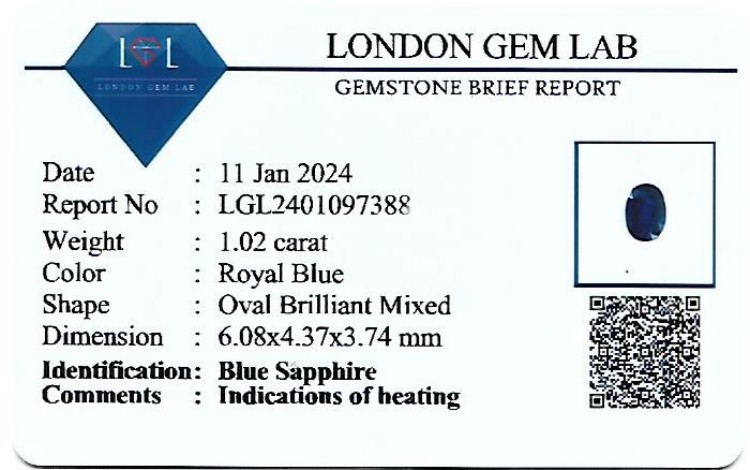 1.02 Ct. Blue Sapphire from Ceylon (Sri Lanka)