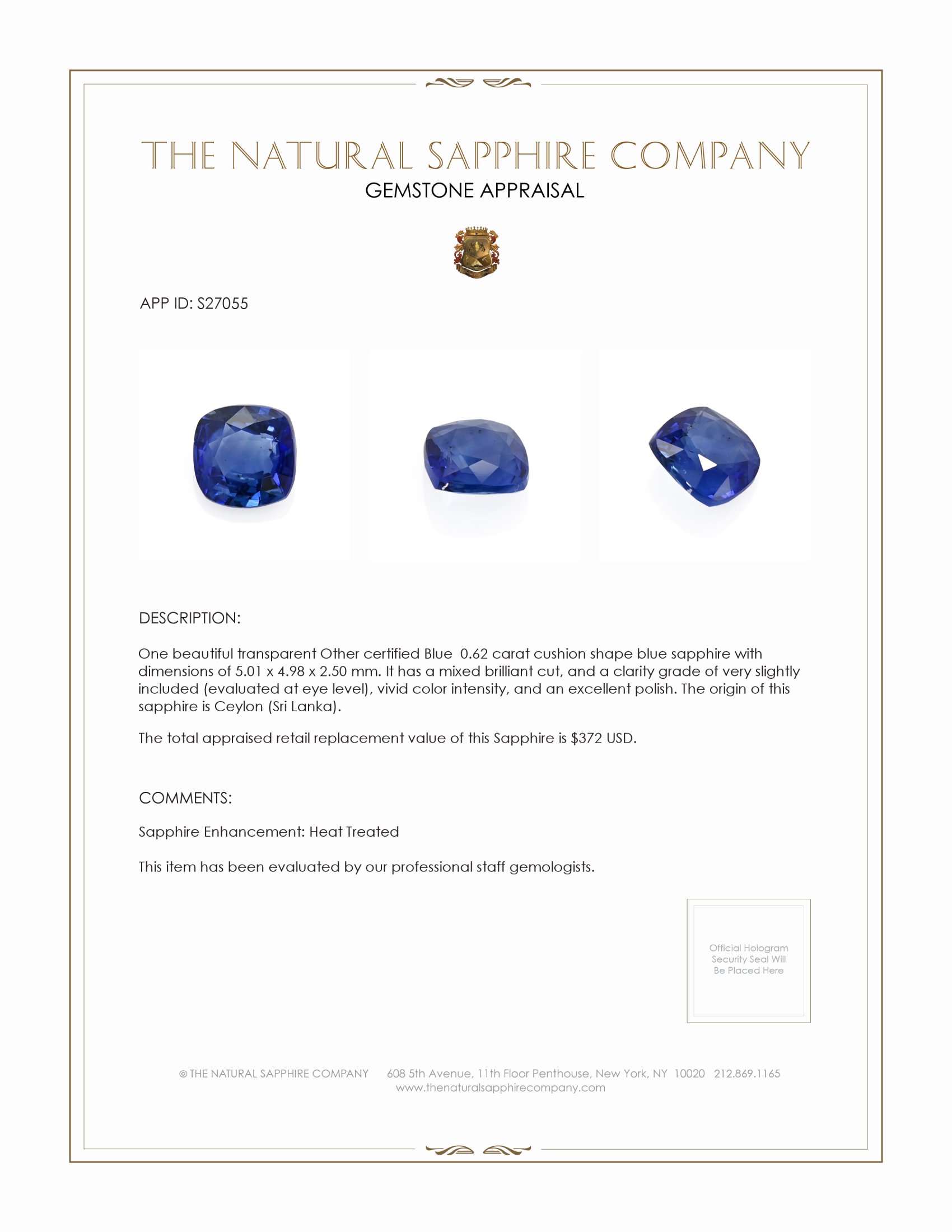 0.62 Ct. Blue Sapphire from Ceylon (Sri Lanka)