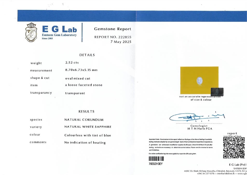 2.52 Ct. White Sapphire from Ceylon (Sri Lanka)