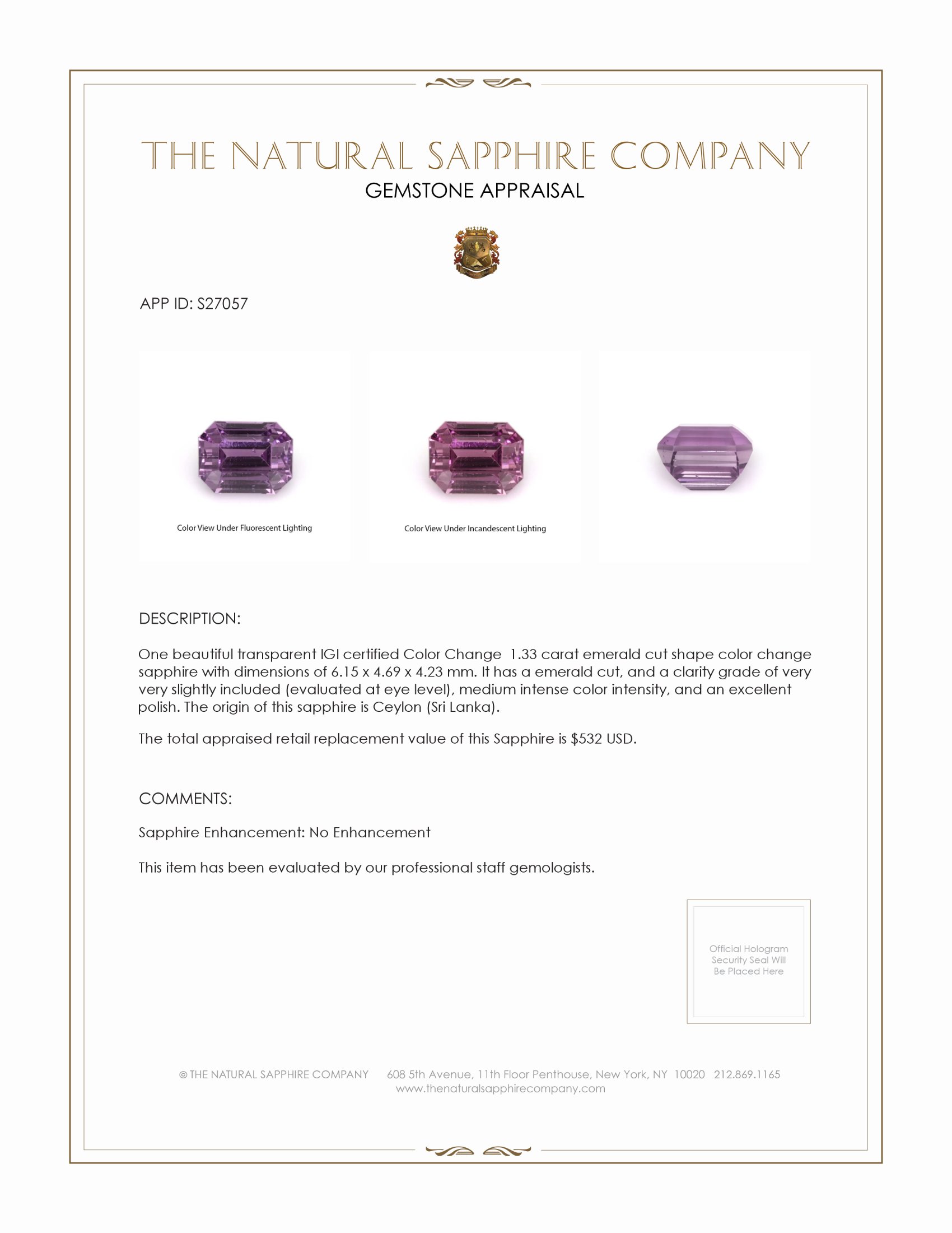 1.33 Ct. Color Change Sapphire from Ceylon (Sri Lanka)