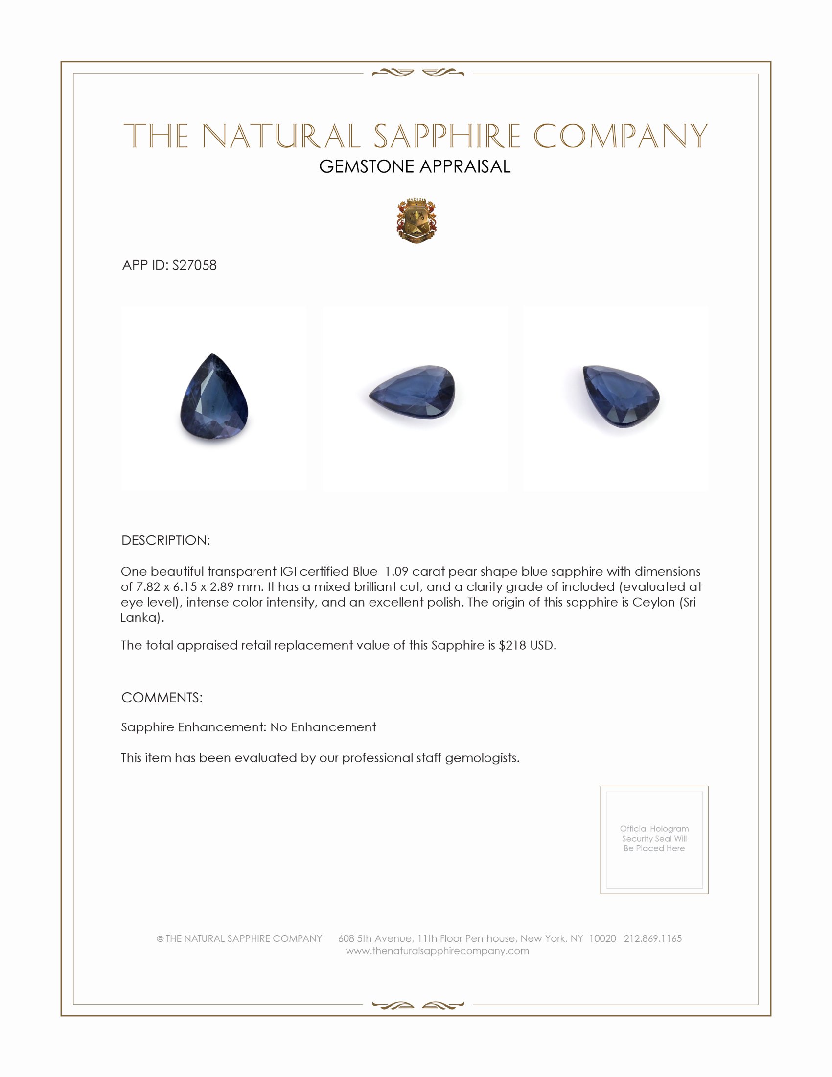 1.09 Ct. Blue Sapphire from Ceylon (Sri Lanka)