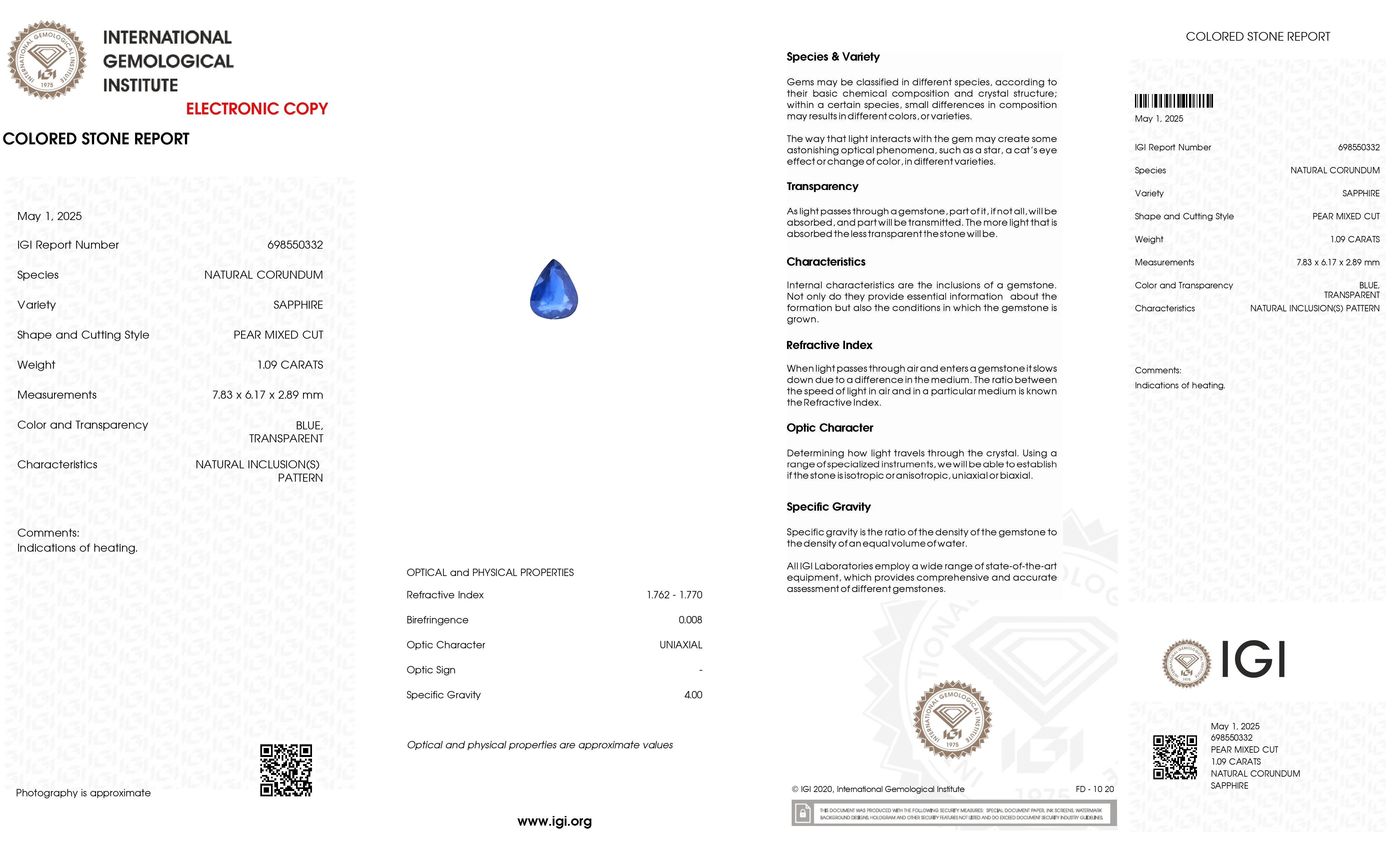 1.09 Ct. Blue Sapphire from Ceylon (Sri Lanka)