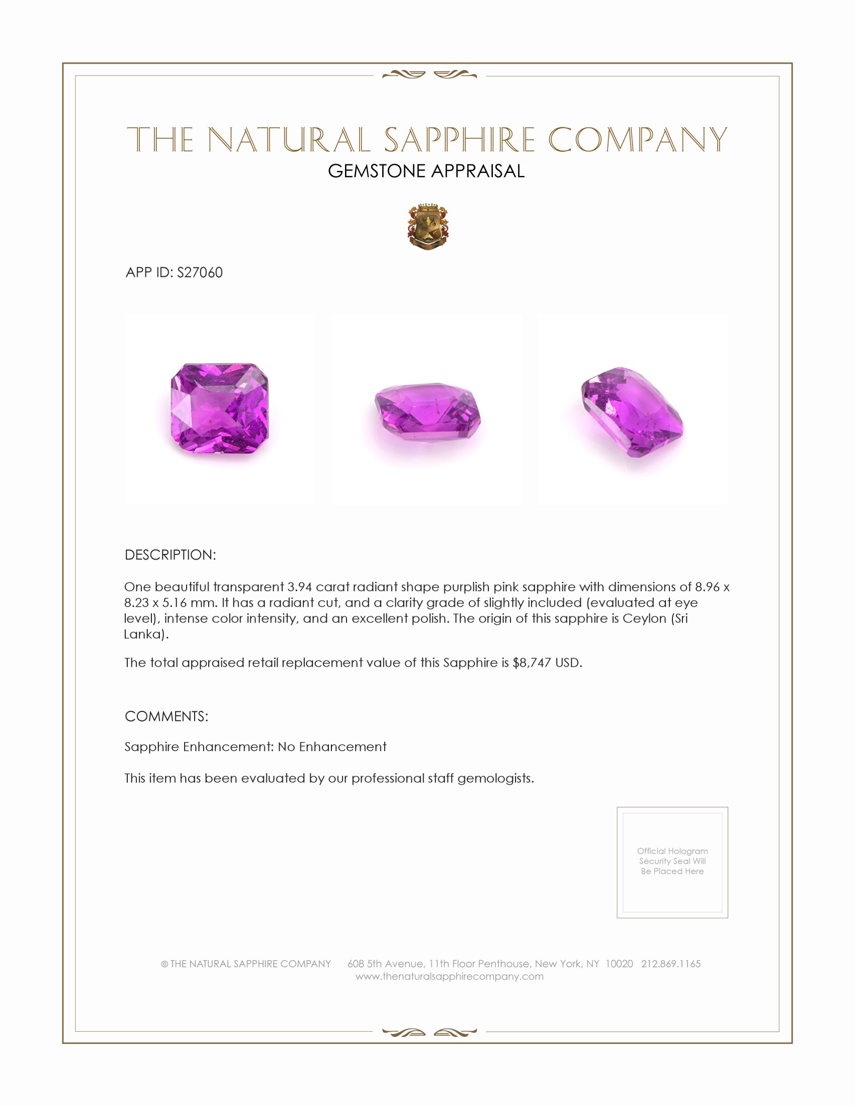 3.94 Ct. Purplish Pink Sapphire from Ceylon (Sri Lanka)