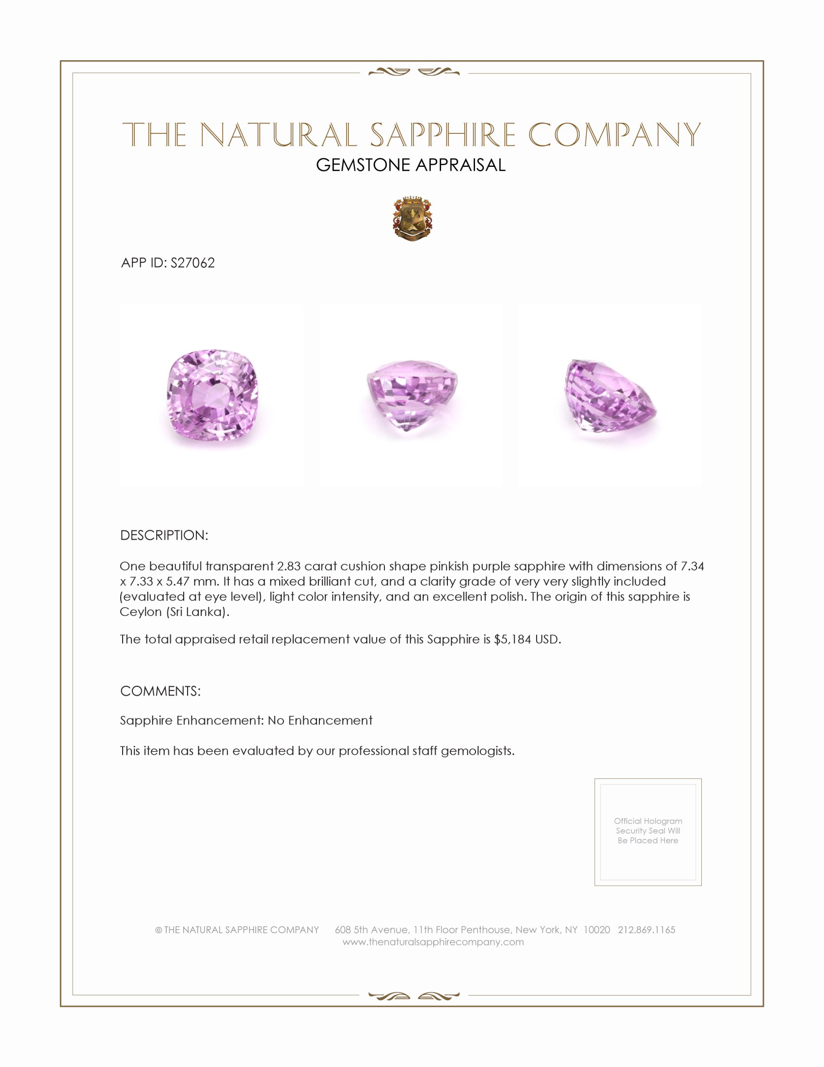 2.83 Ct. Pinkish Purple Sapphire from Ceylon (Sri Lanka)