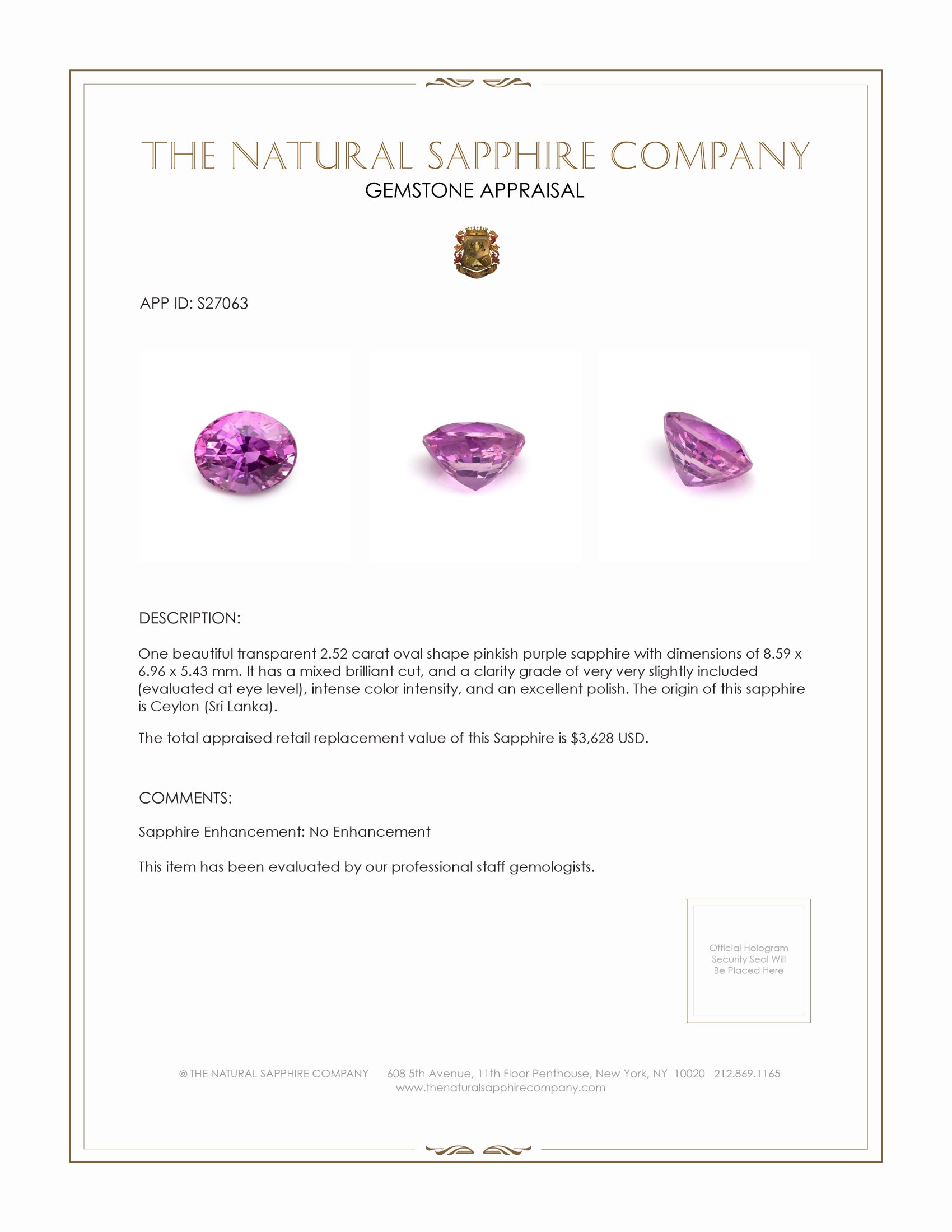 2.52 Ct. Pinkish Purple Sapphire from Ceylon (Sri Lanka)