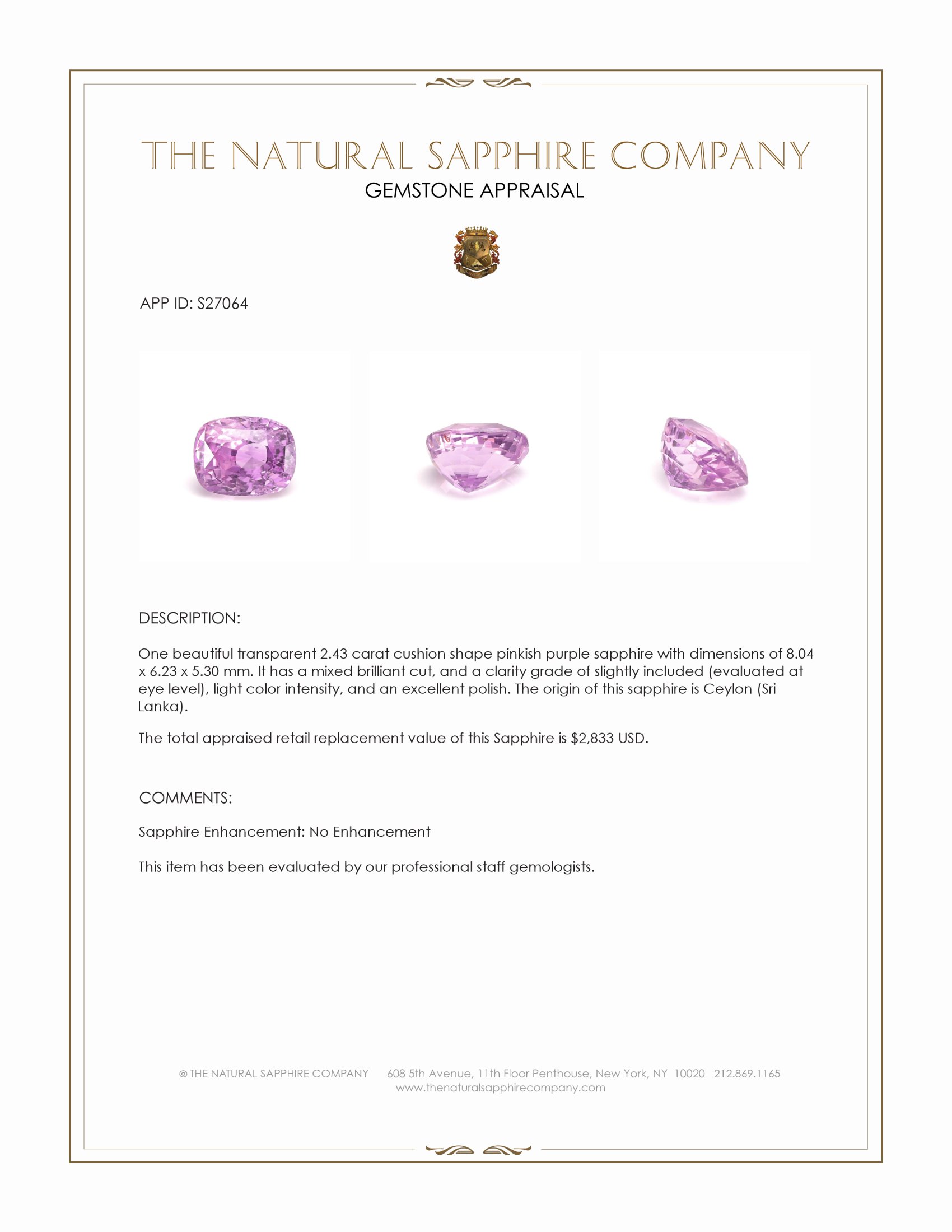 2.43 Ct. Pinkish Purple Sapphire from Ceylon (Sri Lanka)