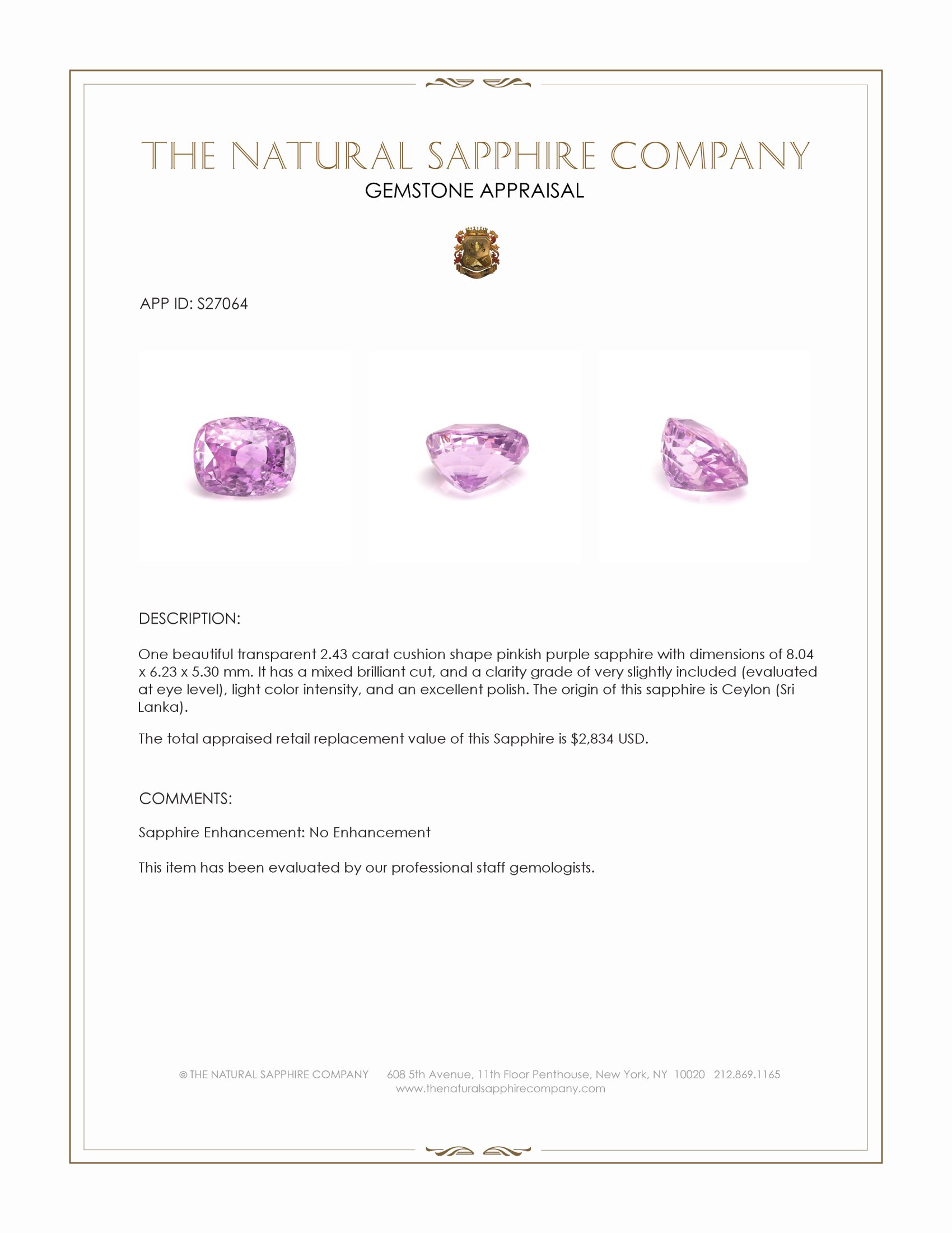 2.43 Ct. Pinkish Purple Sapphire from Ceylon (Sri Lanka)