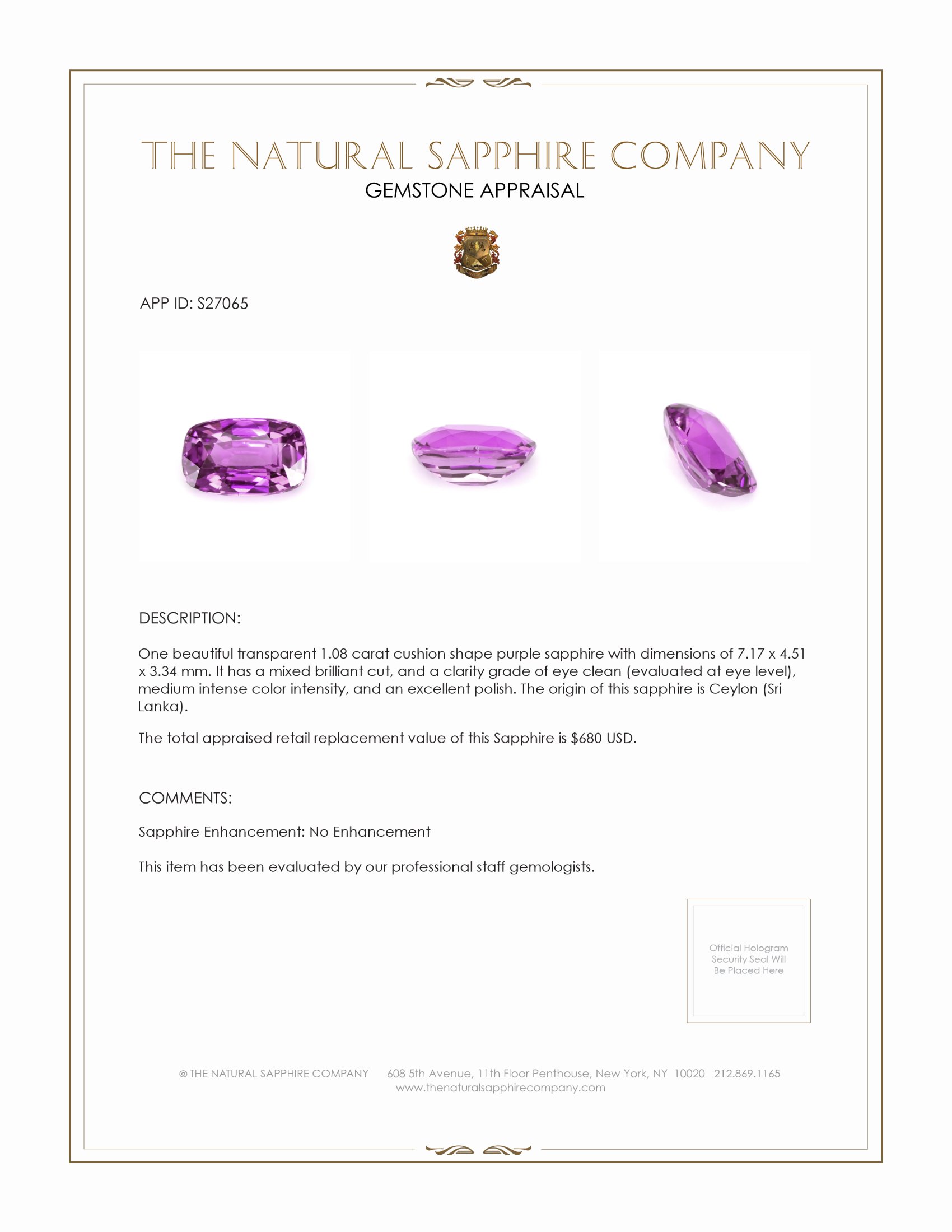 1.08 Ct. Purple Sapphire from Ceylon (Sri Lanka)