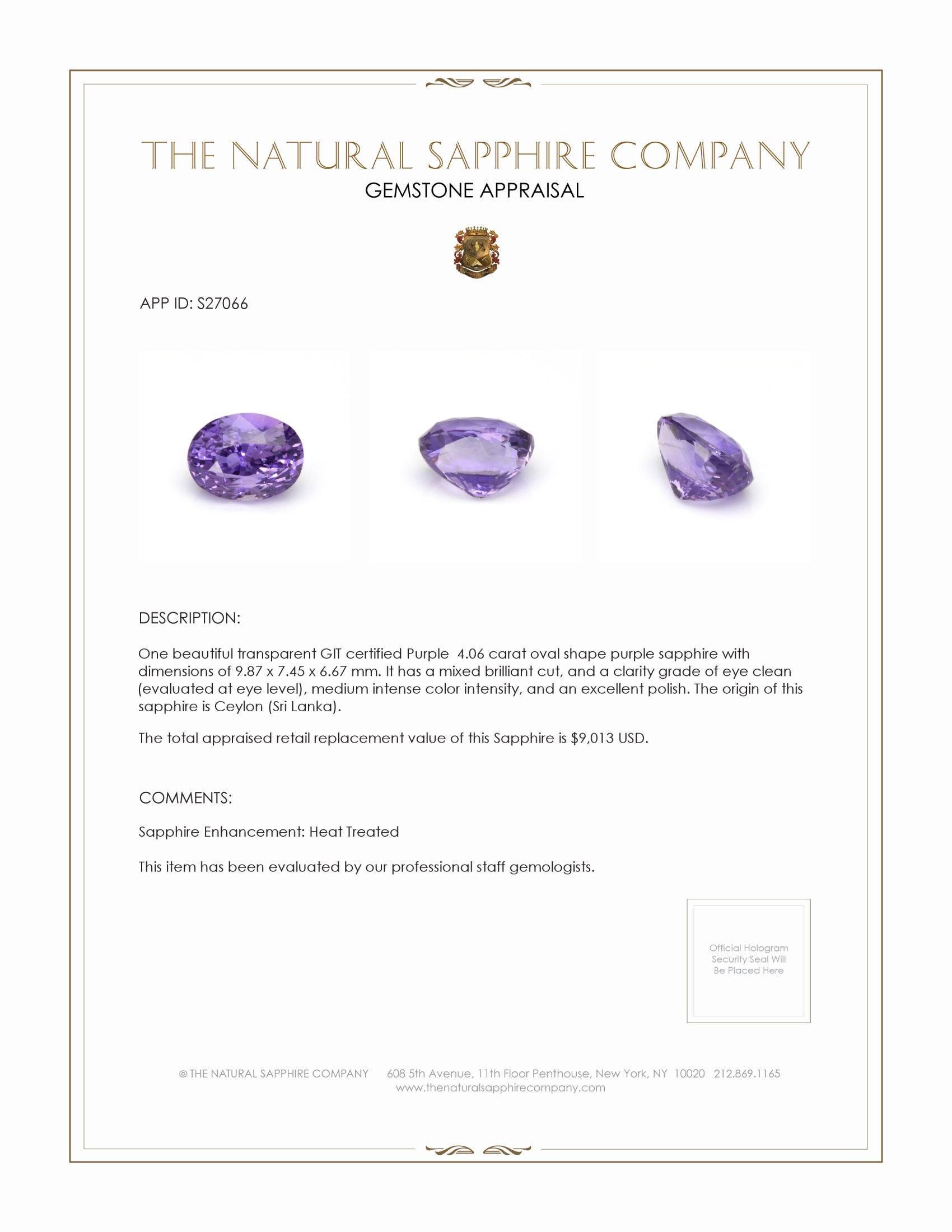 4.06 Ct. Purple Sapphire from Ceylon (Sri Lanka)