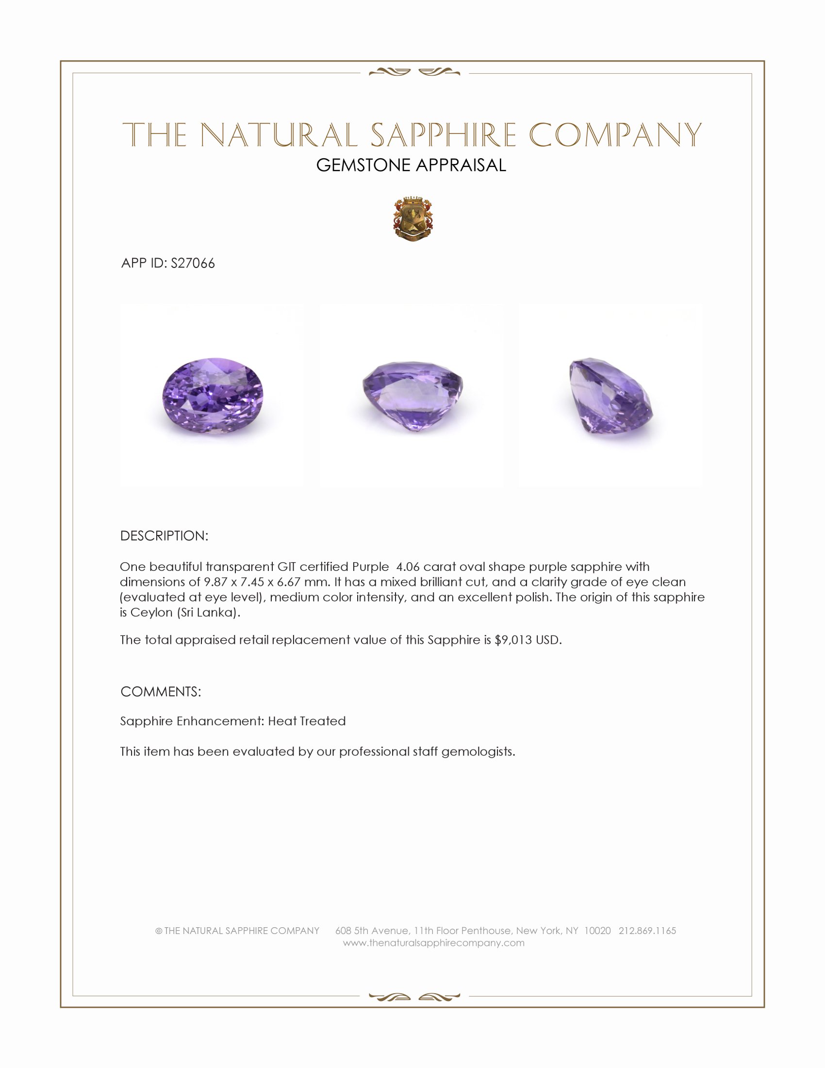 4.06 Ct. Purple Sapphire from Ceylon (Sri Lanka)