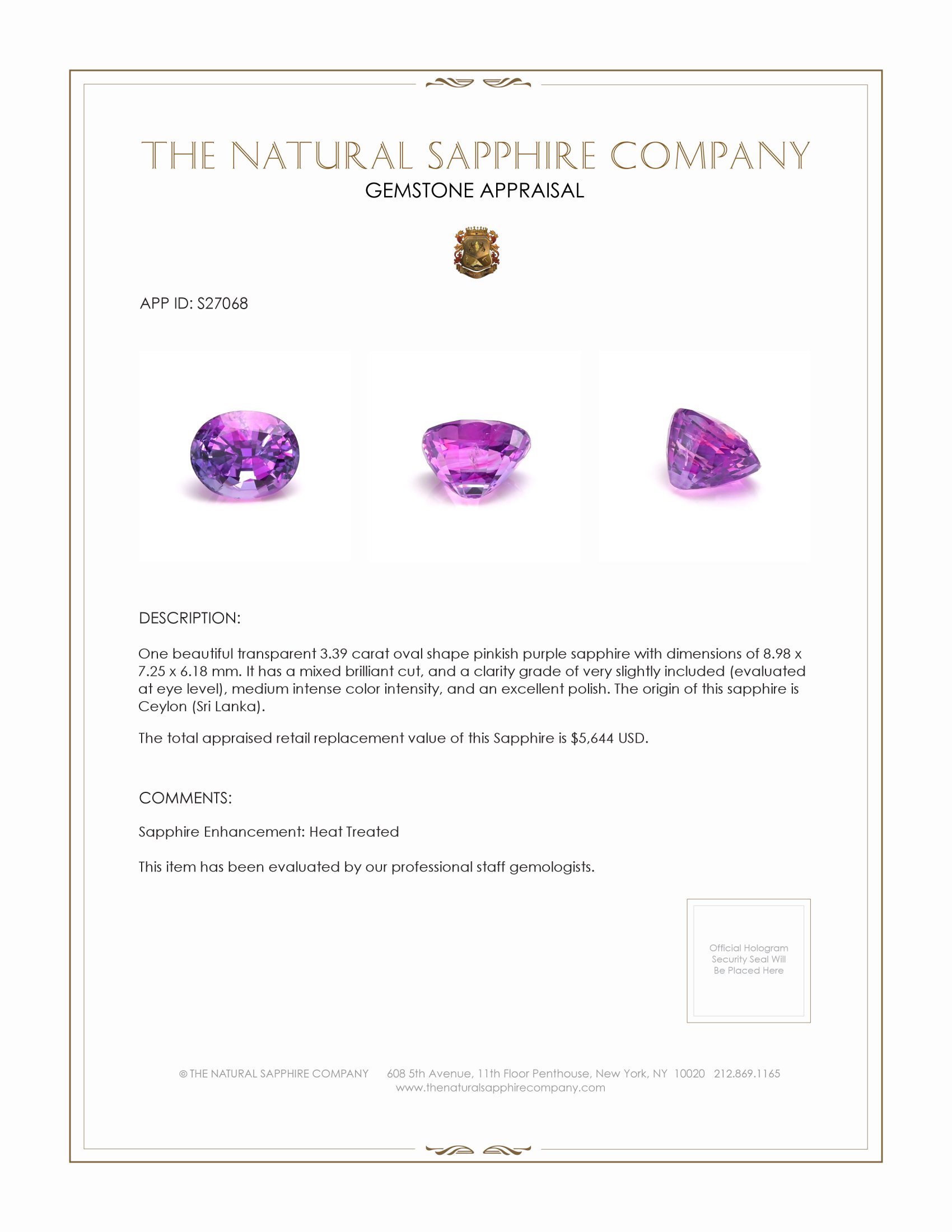 3.39 Ct. Pinkish Purple Sapphire from Ceylon (Sri Lanka)