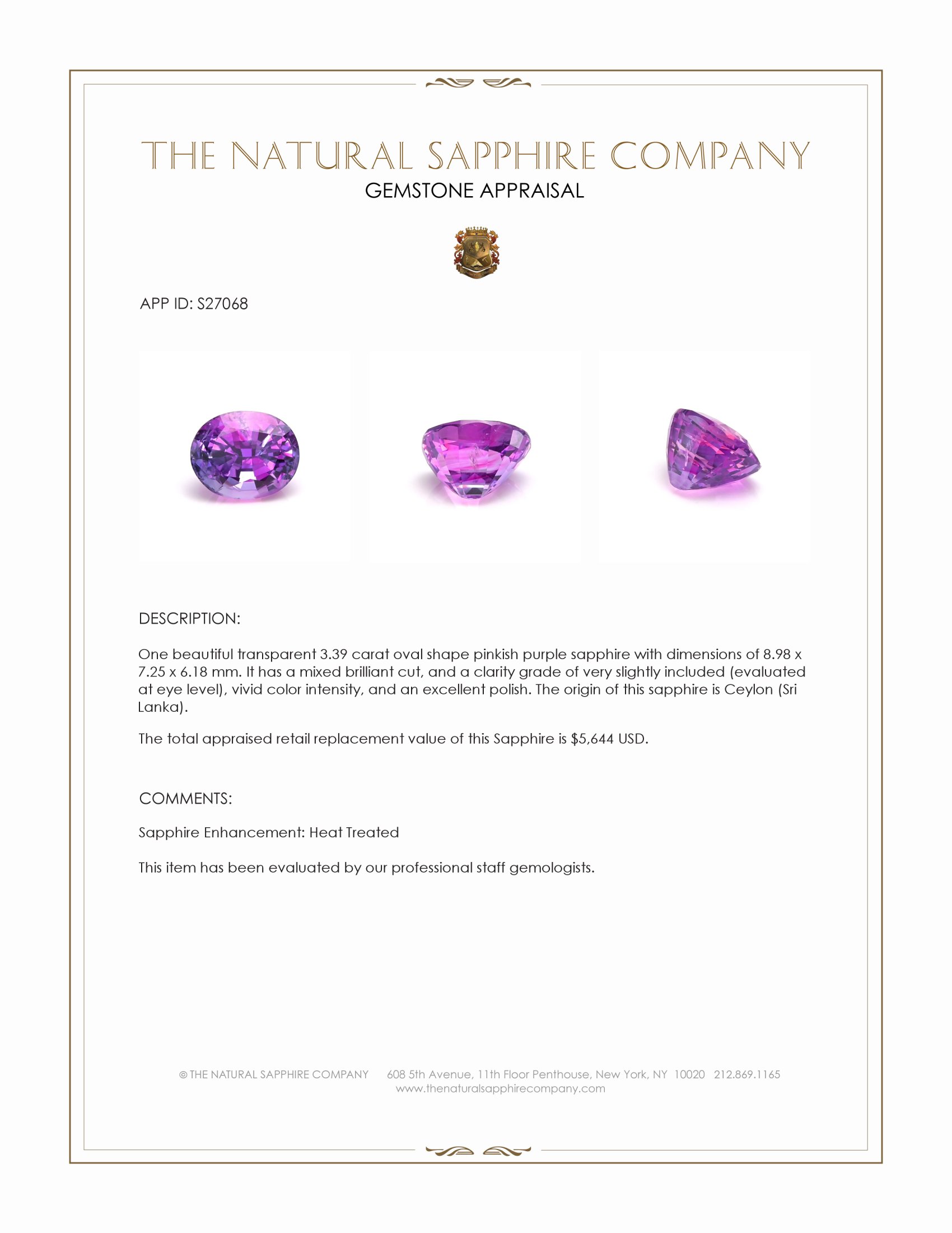 3.39 Ct. Pinkish Purple Sapphire from Ceylon (Sri Lanka)