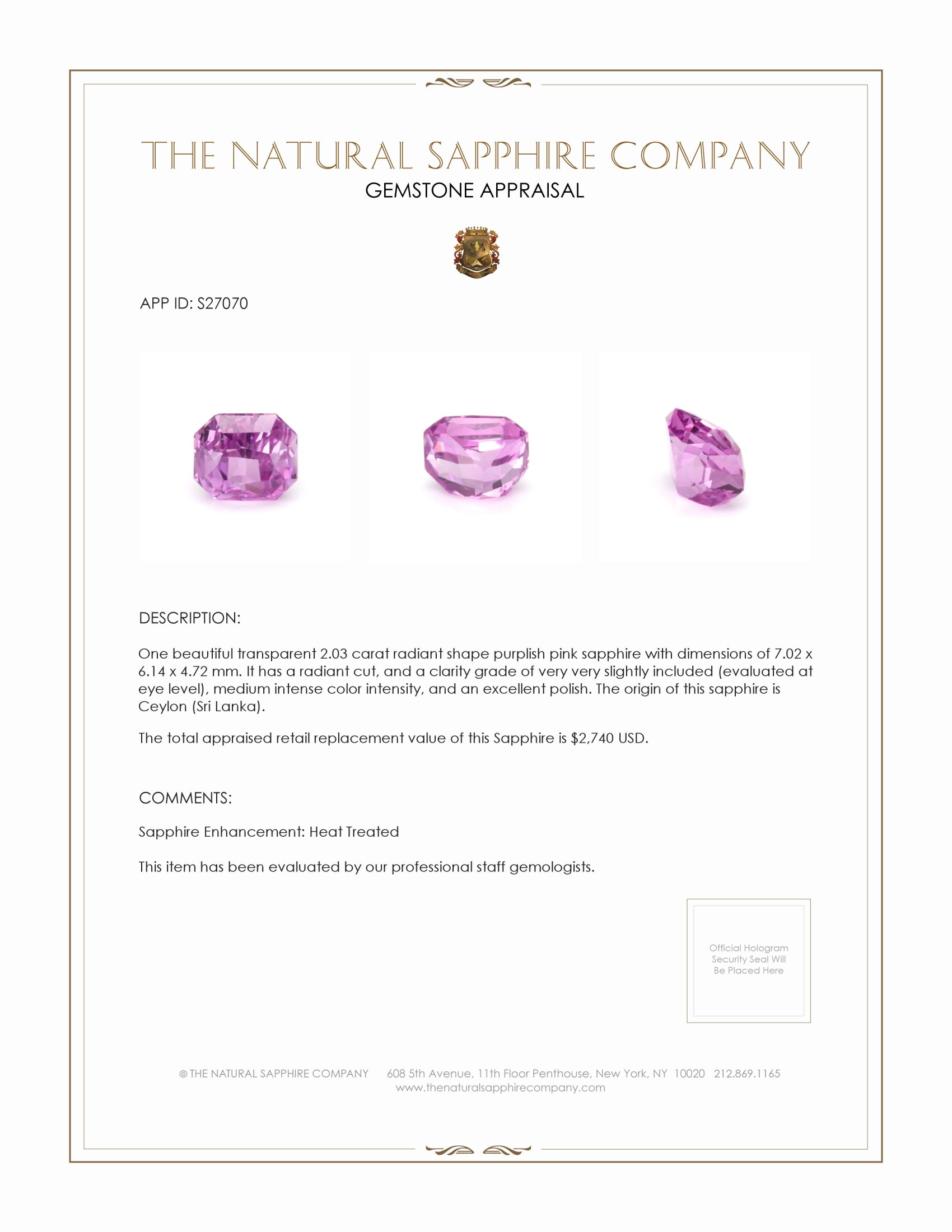 2.03 Ct. Purplish Pink Sapphire from Ceylon (Sri Lanka)